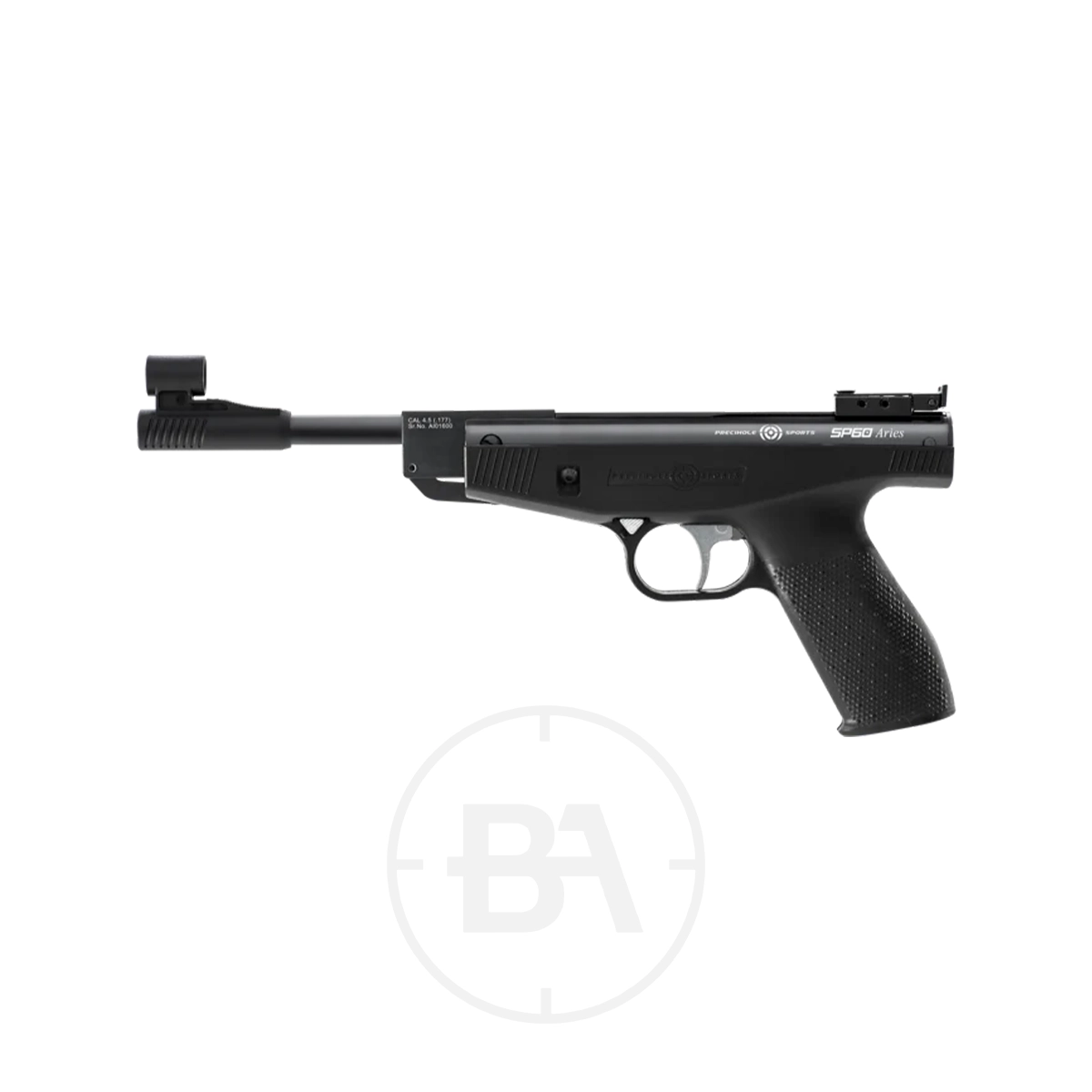 Precihole SP60 Aries Spring Pistol 1 Precihole SP60 Aries Spring Pistol in black with textured grip, front and rear sights, and side branding, shown on a white background.