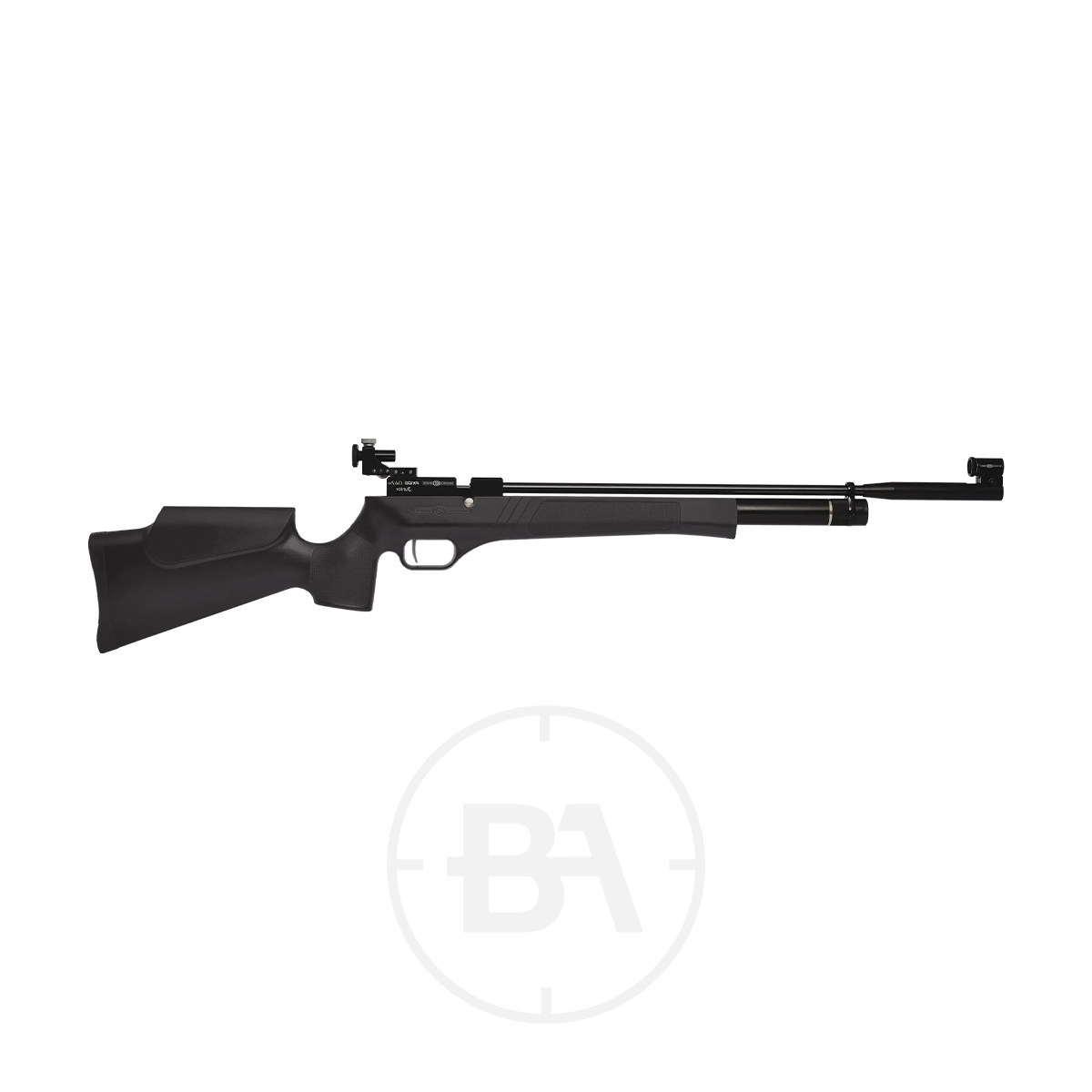 Precihole Sports PX100 Club Pro Junior Match Target Rifle 1 The Precihole Club Pro Junior Air Rifle boasts a sleek black design with a long barrel and ergonomic stock, set against a crisp white background.