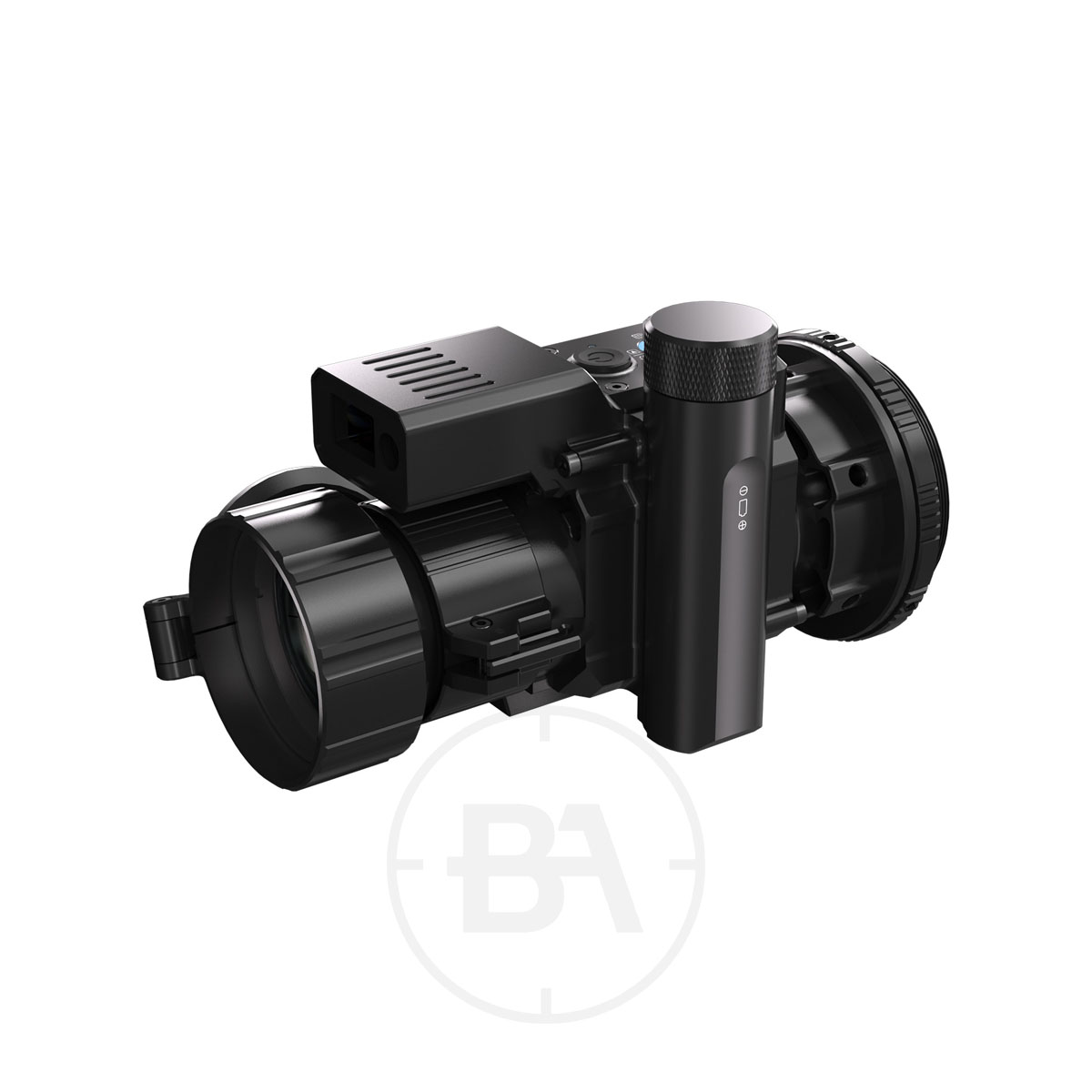 PARD Predator Thermal Imaging Front Clip On 2 The PARD Predator Thermal Imaging Front Clip-On is a black monocular with a cylindrical lens housing, side controls, and textured adjustment knob, ideal for thermal imaging. Shown on a white background.