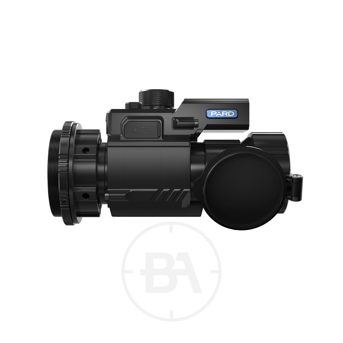 PARD Predator Thermal Imaging Front Clip On 3 Side view of the PARD Predator Thermal Imaging Front Clip-On in black with lens cover closed and PARD logo visible. Features easy attachment, adjustment dials, and is set against a plain white background.