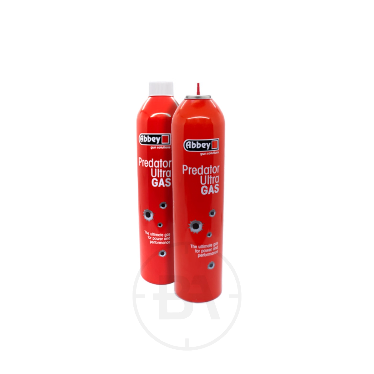 Abbey Predator Ultra Airsoft Gas - 700ml 1 Two 700ml cans of Abbey Predator Ultra Airsoft Gas, featuring bold black labels with bullet hole graphics—one with a white cap, the other with a red nozzle—stand upright, ready for your next airsoft skirmish.