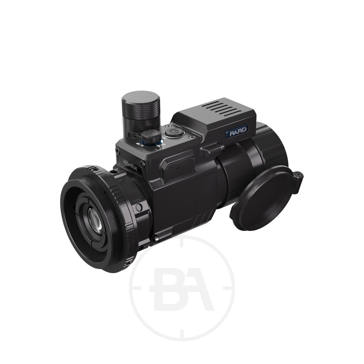 PARD Predator Thermal Imaging Front Clip On 1 The PARD Predator Thermal Imaging Front Clip-On features a large lens, control knobs, and an attached cover, shown on a white background.