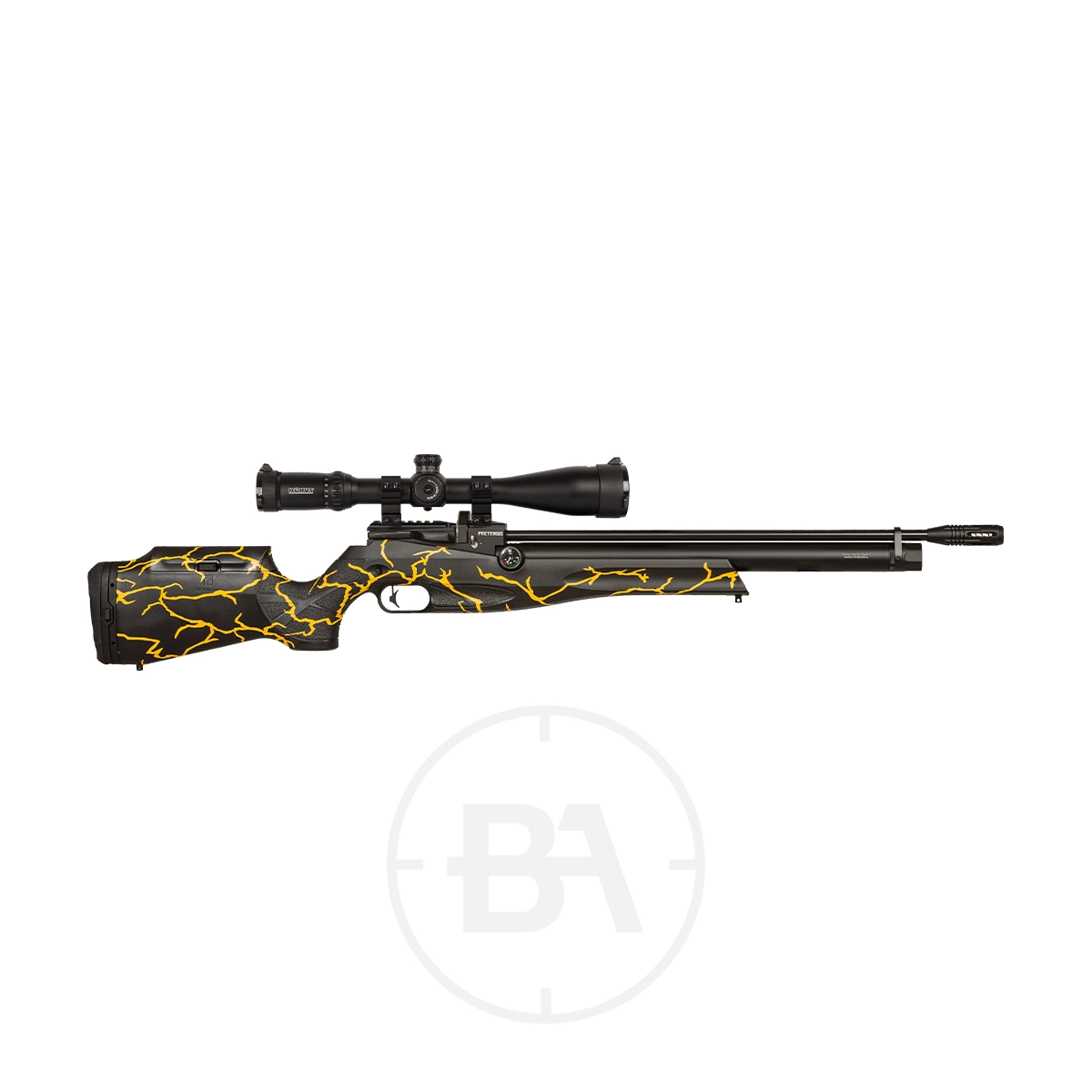 Reximex Pretensis PCP Air Rifle 11 Side view of a Reximex Pretensis PCP Air Rifle in .177 caliber, featuring yellow lightning bolt patterns on the stock and a mounted scope, displayed on a white background.