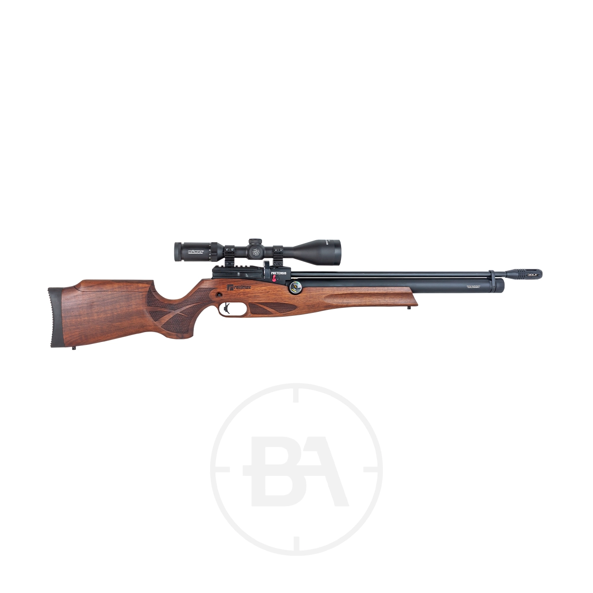 Reximex Pretensis PCP Air Rifle 3 Side view of a Reximex Pretensis PCP Air Rifle in .177, featuring a wooden stock, mounted scope, black barrel, and silencer, displayed on a white background.