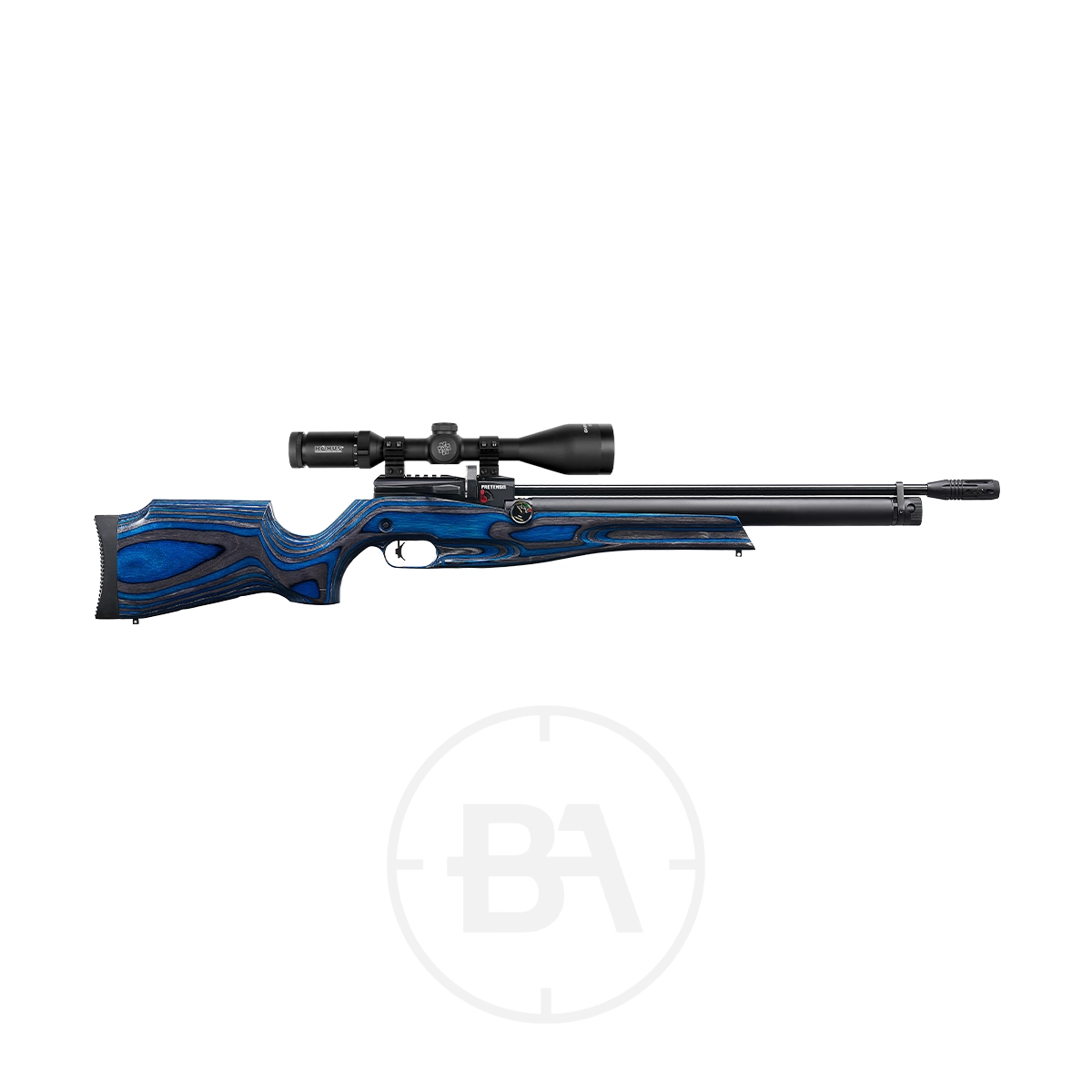 Reximex Pretensis PCP Air Rifle 7 A blue and black Reximex Pretensis PCP Air Rifle in .177 caliber, equipped with an attached scope and silencer, displayed on a white background.