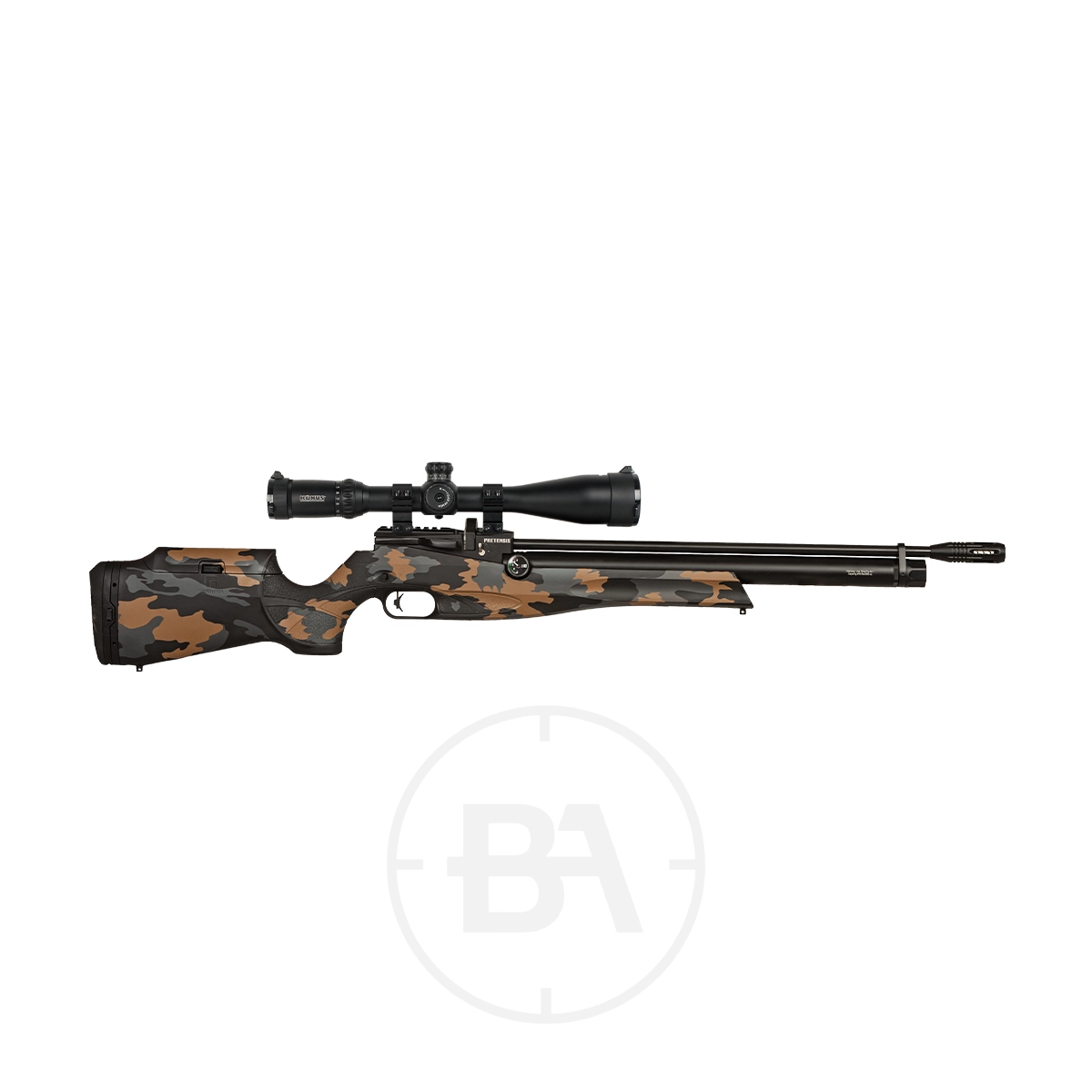 Reximex Pretensis PCP Air Rifle 13 The Reximex Pretensis .177 PCP Air Rifle features a bolt-action mechanism, camouflage-patterned stock, and an attached scope, all showcased on a white background.