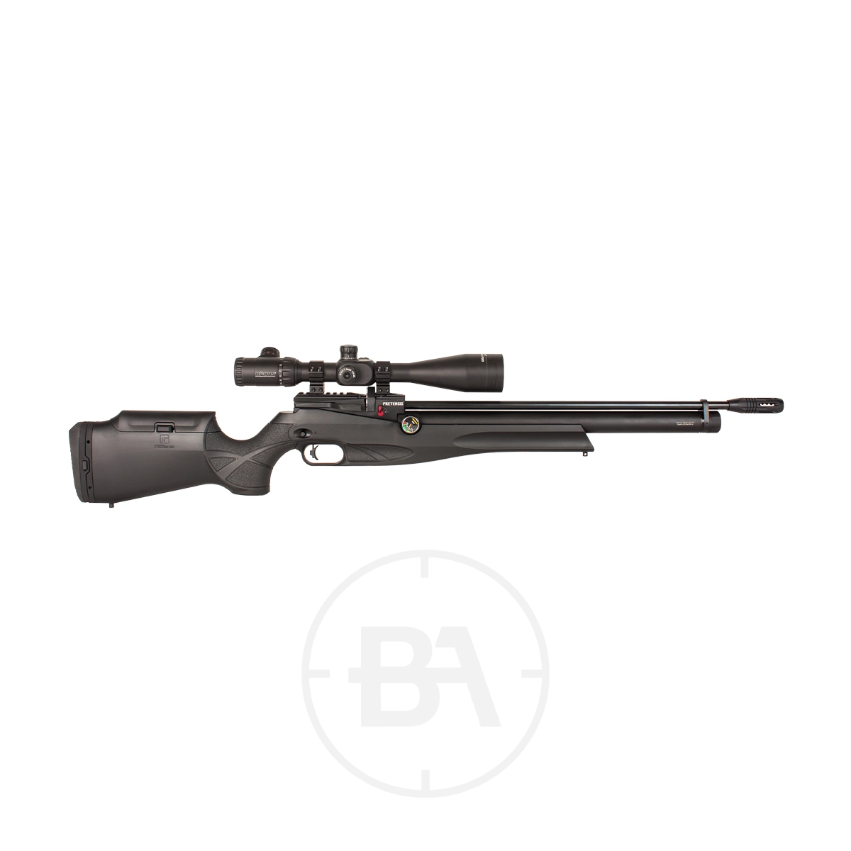 Reximex Pretensis PCP Air Rifle 1 The Reximex Pretensis PCP Air Rifle, shown in side view, features a sleek black design with a scope, adjustable stock, and long barrel. Chambered in .177, it's displayed on a white background.
