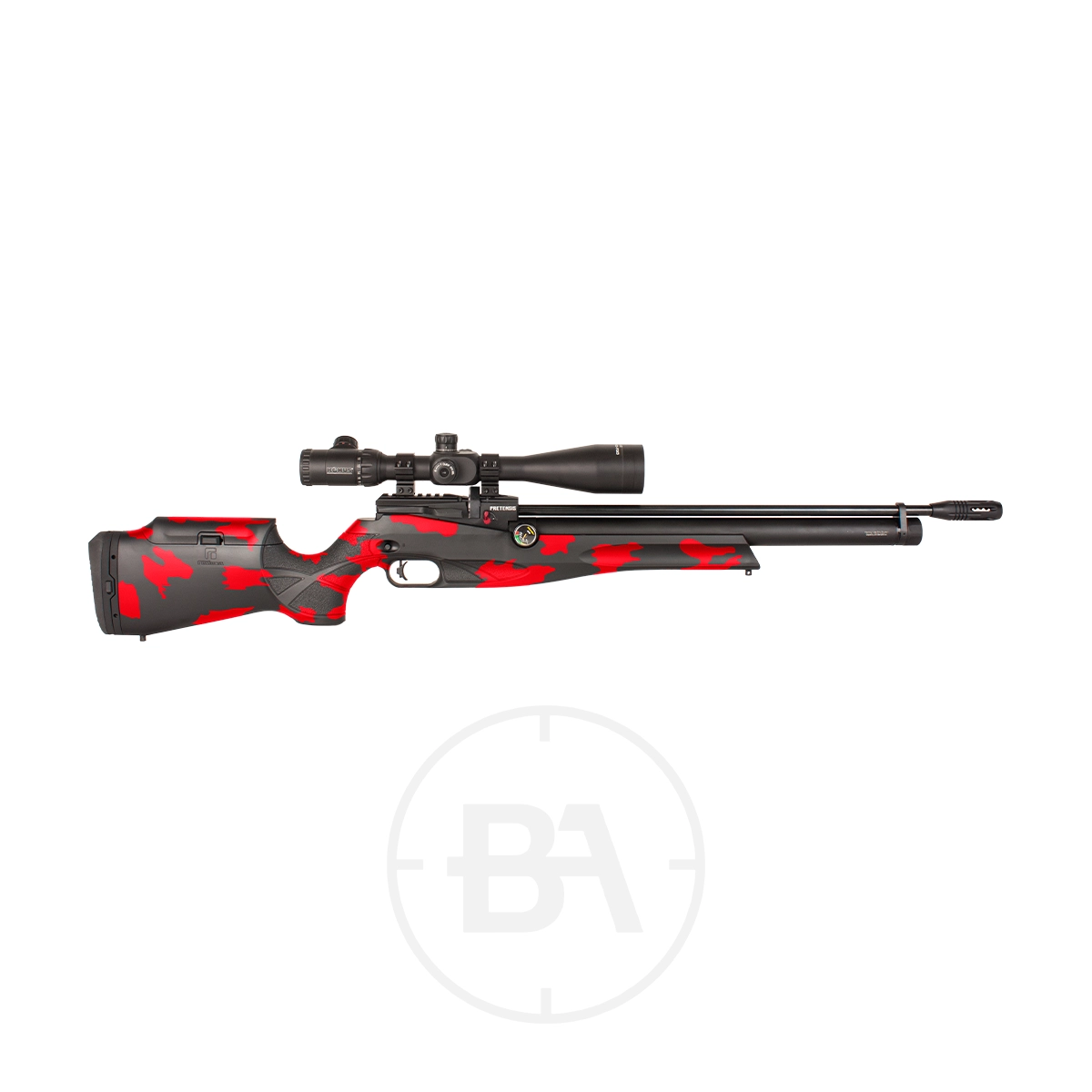 Reximex Pretensis PCP Air Rifle 15 A precision Reximex Pretensis PCP Air Rifle in .177 caliber, featuring a black and red camo-patterned stock, mounted scope, and long barrel, displayed on a white background.