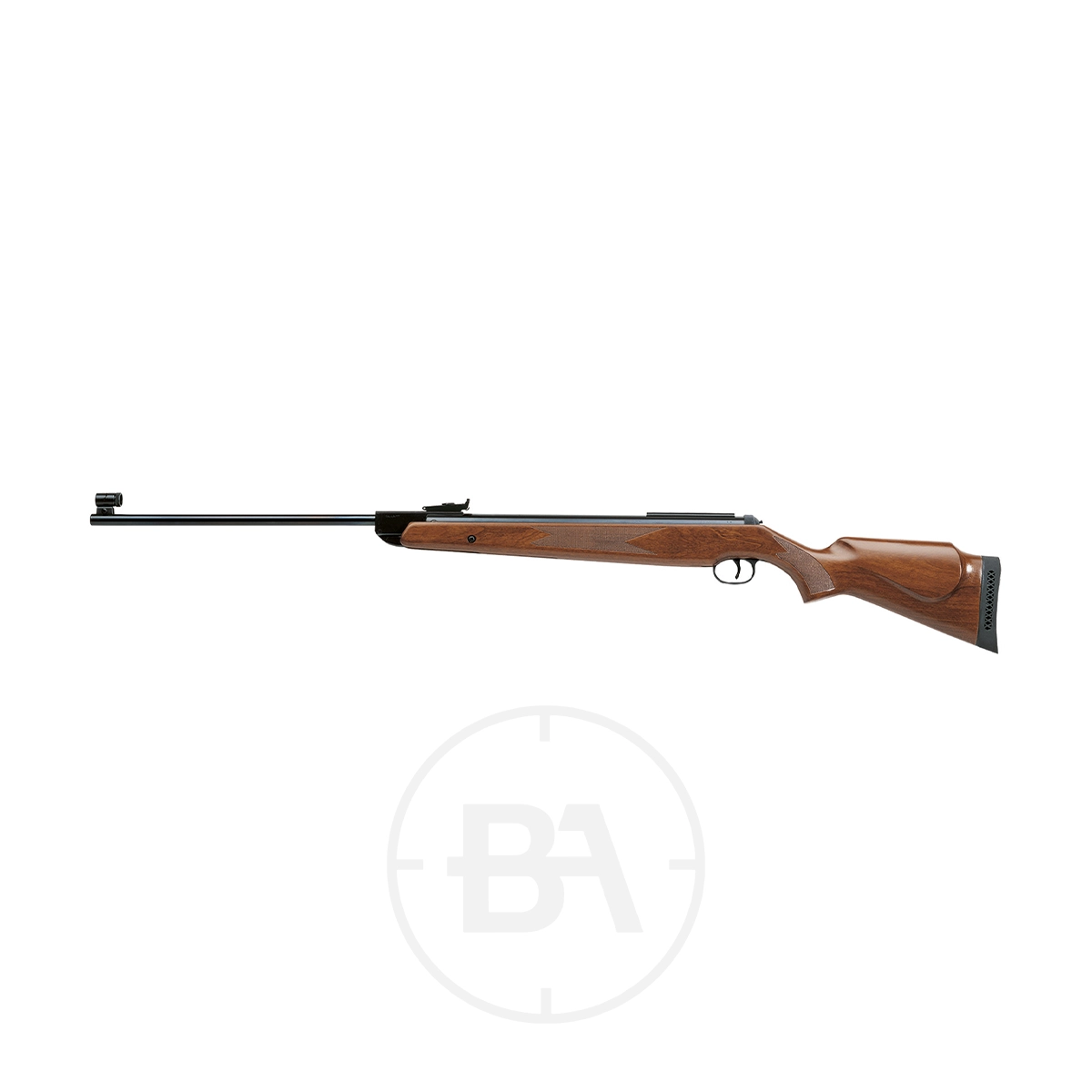 Diana 350 Magnum Premium Spring Air Rifle 3 Side view of a Diana 350 Magnum Premium Spring Air Rifle featuring iron sights, a long barrel, and a checkered stock, displayed against a white background.