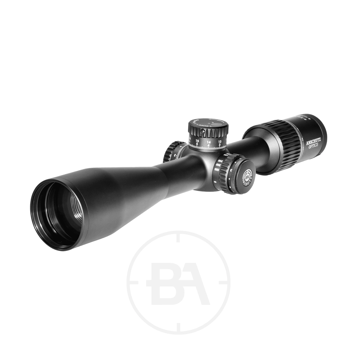 Anschütz Optics Performance Pro 6-24 x 50 SFP Rifle Scope 1 A black Anschütz Optics Performance Pro 6-24 x 50 SFP Rifle Scope with adjustment dials is shown at an angle on a white background. The scope is labelled "Argos BTR GEN2.