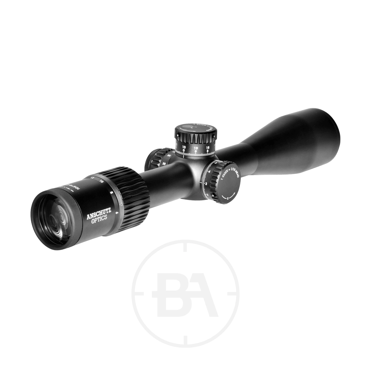 Anschütz Optics Performance Pro 6-24 x 50 SFP Rifle Scope 2 The Anschütz Optics Performance Pro 6-24x50 SFP Rifle Scope, in black with top and side adjustment dials and "ANSCHÜTZ OPTICS" on the eyepiece, is shown on a white background featuring a faint circular logo beneath.