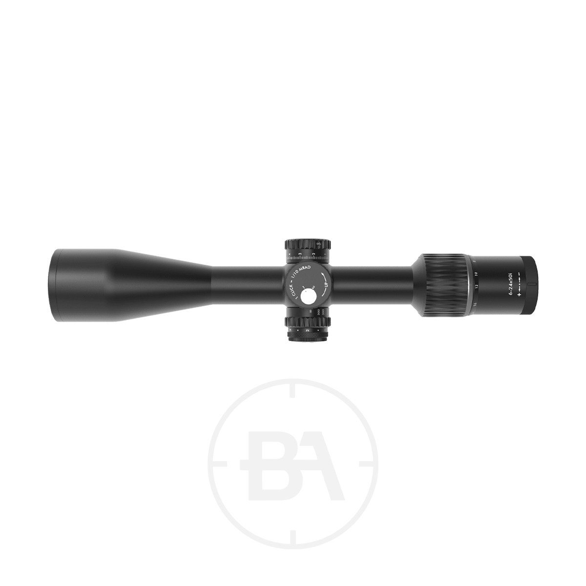 Anschütz Optics Performance Pro 6-24 x 50 SFP Rifle Scope 3 A black Anschütz Optics Performance Pro 6-24 x 50 SFP Rifle Scope with central adjustment knobs is shown from above on a white background. A faint circular "BA" logo appears below the scope.