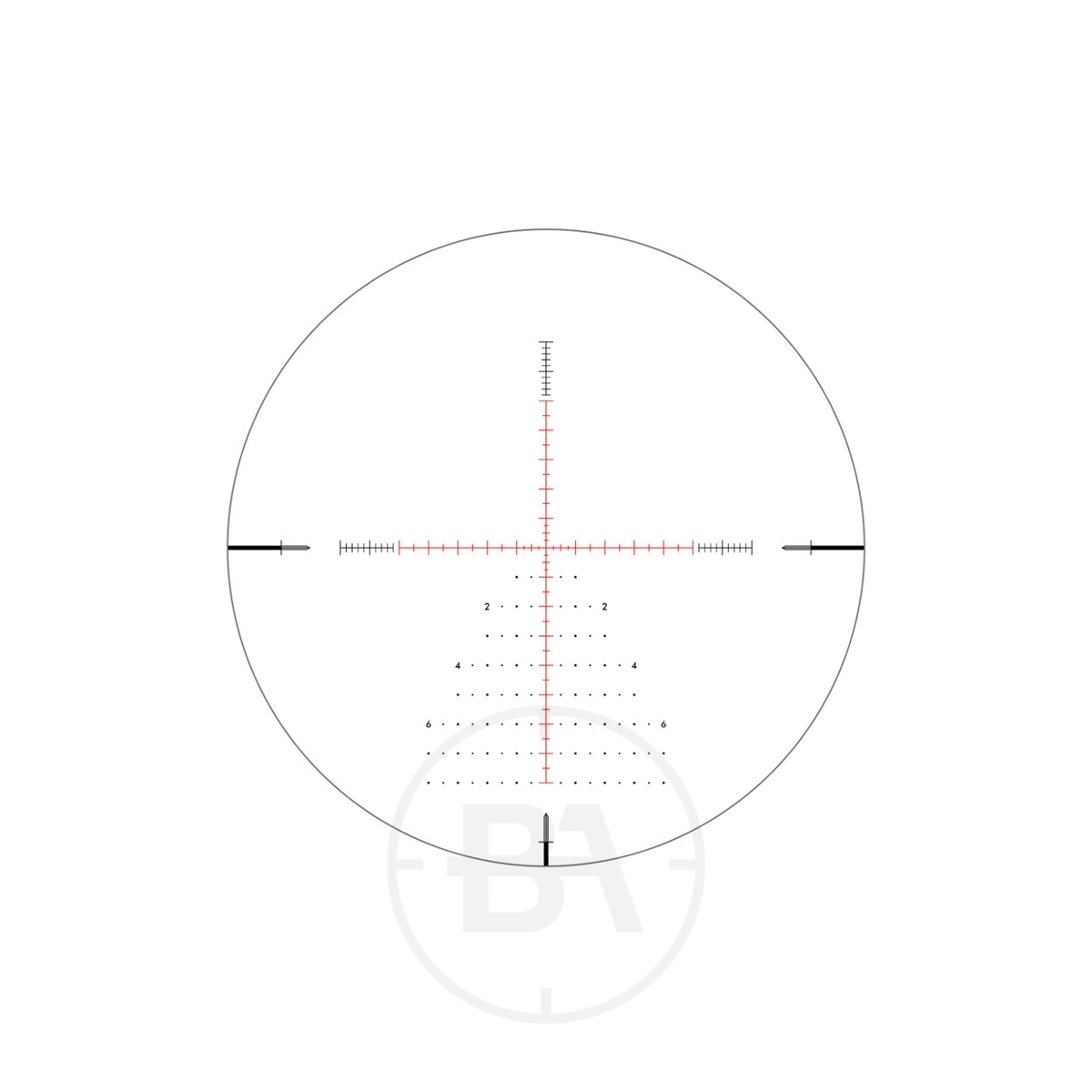 Anschütz Optics Performance Pro 6-24 x 50 SFP Rifle Scope 4 The Anschütz Optics Performance Pro 6-24 x 50 SFP Rifle Scope features a reticle with a central crosshair, red vertical/horizontal lines, numbered markings, and elevation/windage hash marks on a white background for precision.