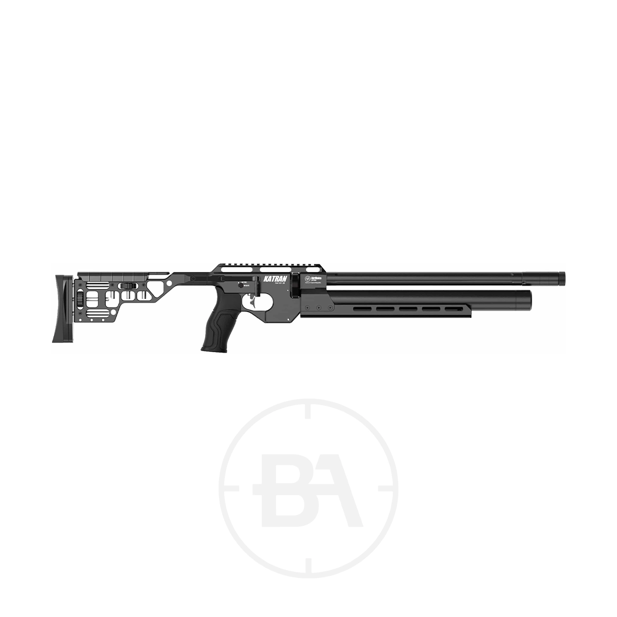 AirMaks Katran Pro PCP Air Rifle With Hard Case 1 Side view of a modern black air rifle with a tactical chassis and adjustable stock, isolated on a white background.
