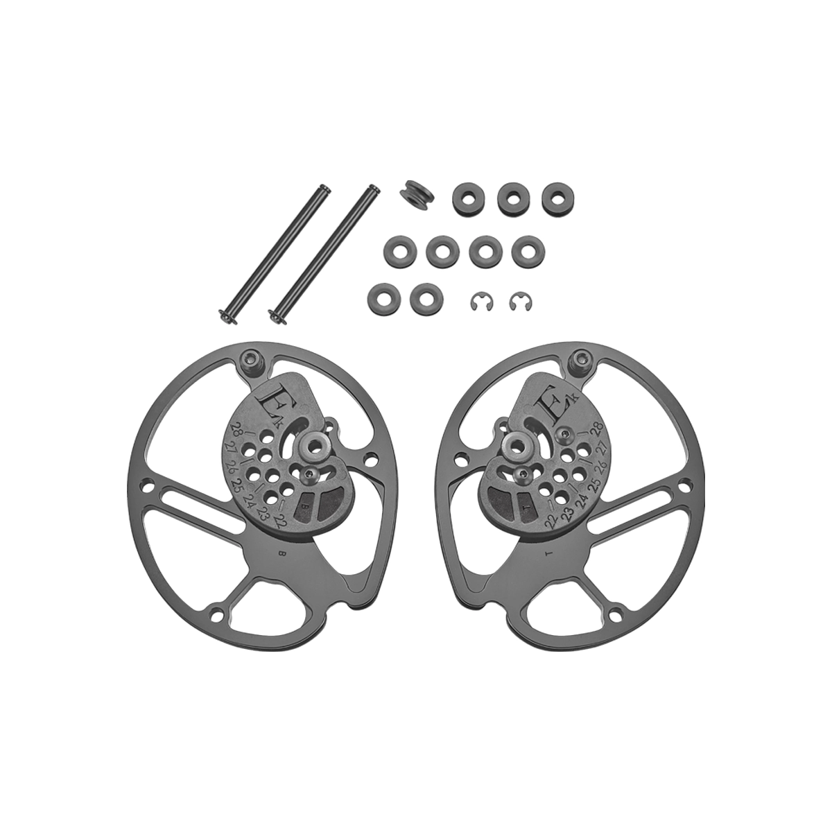 Ek Archery Protex Cam Set 40lb & 55lb 1 The Ek Archery Protex Cam Set 40lb & 55lb includes two metal cams, rods, washers, e-clips, and screws, all shown on a white background.