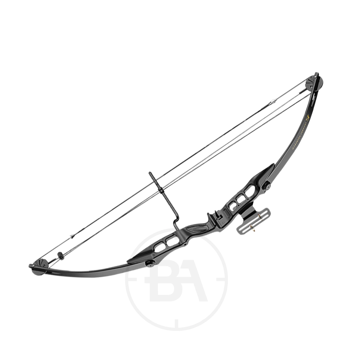 EK Archery Protex Compound Bow 3 A modern recurve bow from EK Archery with a black riser, dual limbs, and a stabilizer attached to the front, designed for left handed shooters and shown against a white background.