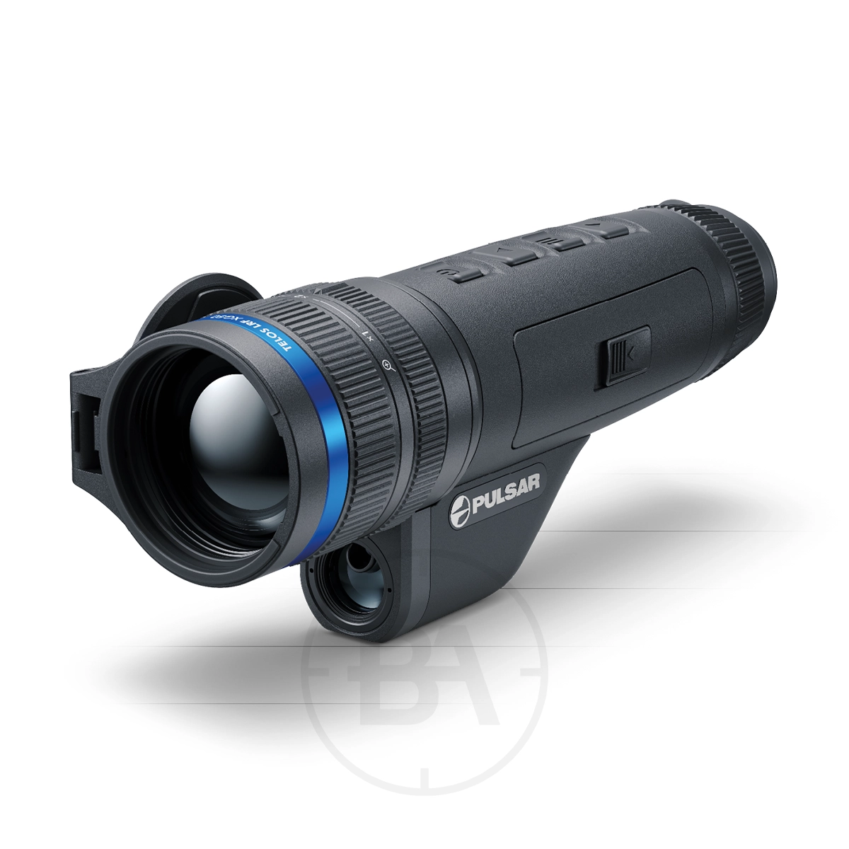 Pulsar Telos LRF XG50 Thermal Imaging Monocular 1 A black Pulsar Telos LRF XG50 Thermal Imaging Monocular with a large lens, blue accent ring, textured grip, and top control buttons is shown angled on a white background.