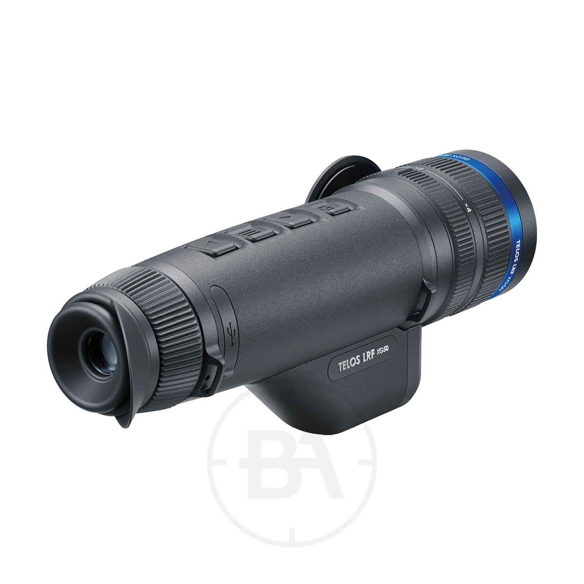 Pulsar Telos LRF XG50 Thermal Imaging Monocular 3 The Pulsar Telos LRF XG50 Thermal Imaging Monocular is a black handheld device with textured grips, top control buttons, a blue accent ring near the lens, and a side label. Ideal for outdoor or observational use.
