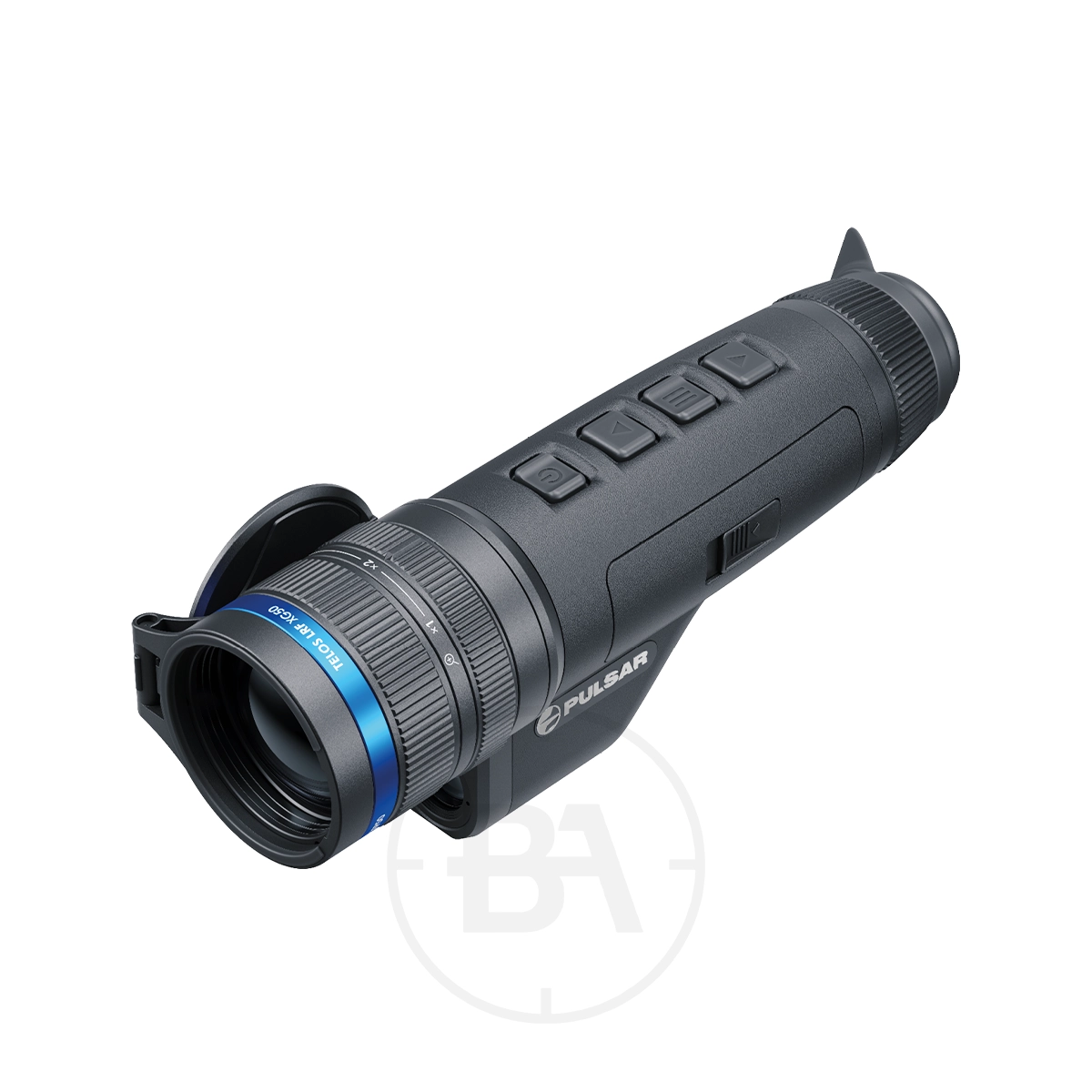 Pulsar Telos LRF XG50 Thermal Imaging Monocular 5 The Pulsar Telos LRF XG50 Thermal Imaging Monocular is black with a blue ring by the lens, features an ergonomic grip, and has control buttons on top, displayed against a white background.