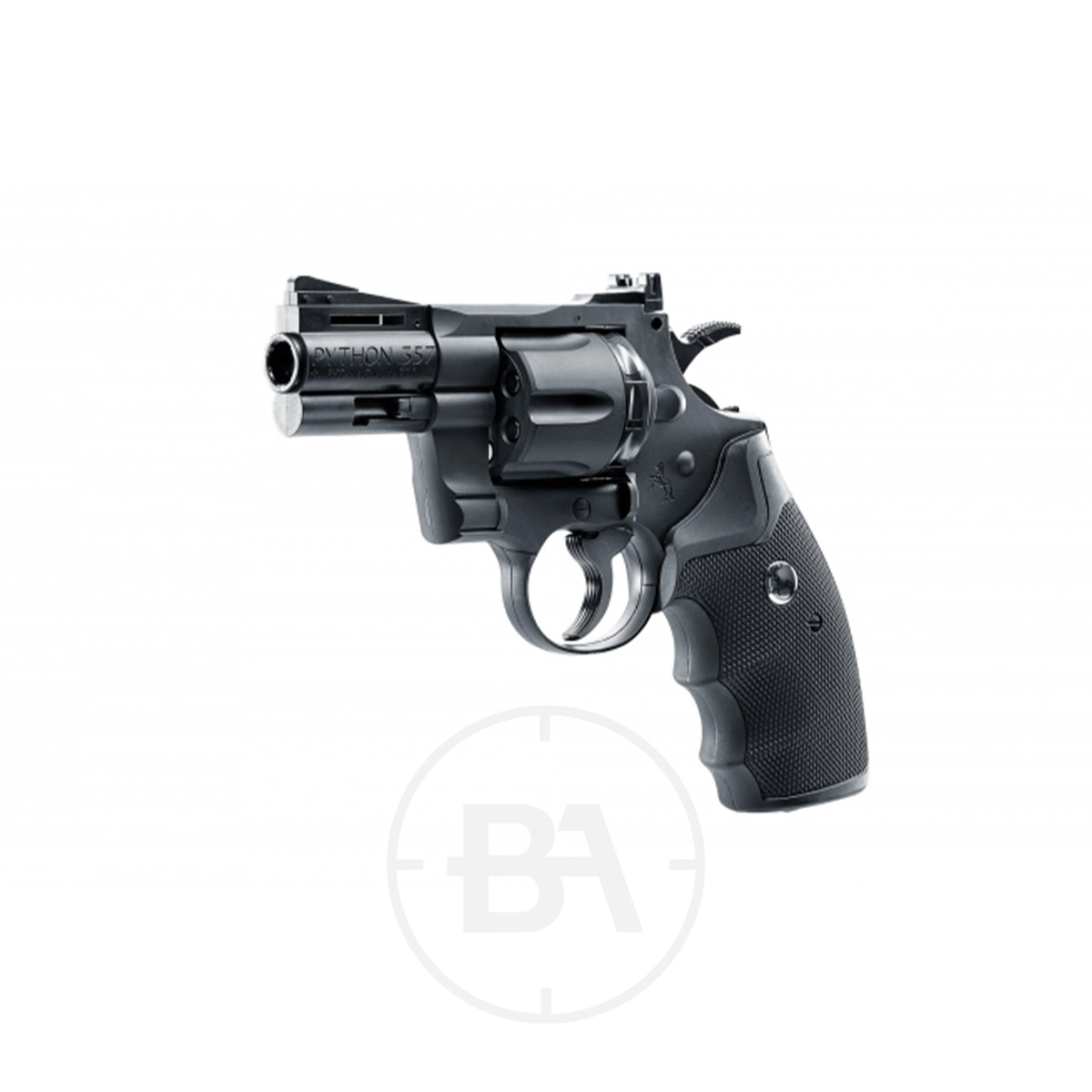 Colt Python 2.5" CO2 Dual Ammo Pistol 3 The Colt Python 2.5" CO2 Pistol, featuring a short black barrel and textured grip, is displayed against a white background.