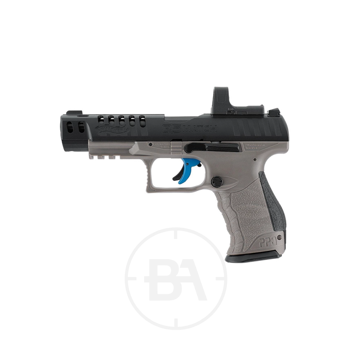 Walther Q5 Match 5" CO2 Pistol Combo Set 1 The Walther Q5 Match 5" CO2 Pistol Combo Set features a two-tone black slide, grey frame, vented barrel, blue trigger, and a mounted red dot sight—shown here in side profile for shooting enthusiasts.