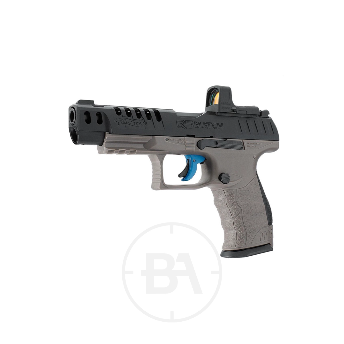 Walther Q5 Match 5" CO2 Pistol Combo Set 3 The Walther Q5 Match 5" CO2 Pistol Combo Set has a gray frame, black slide, blue trigger, and red dot sight—perfect for precision shooting and shown on a white background.