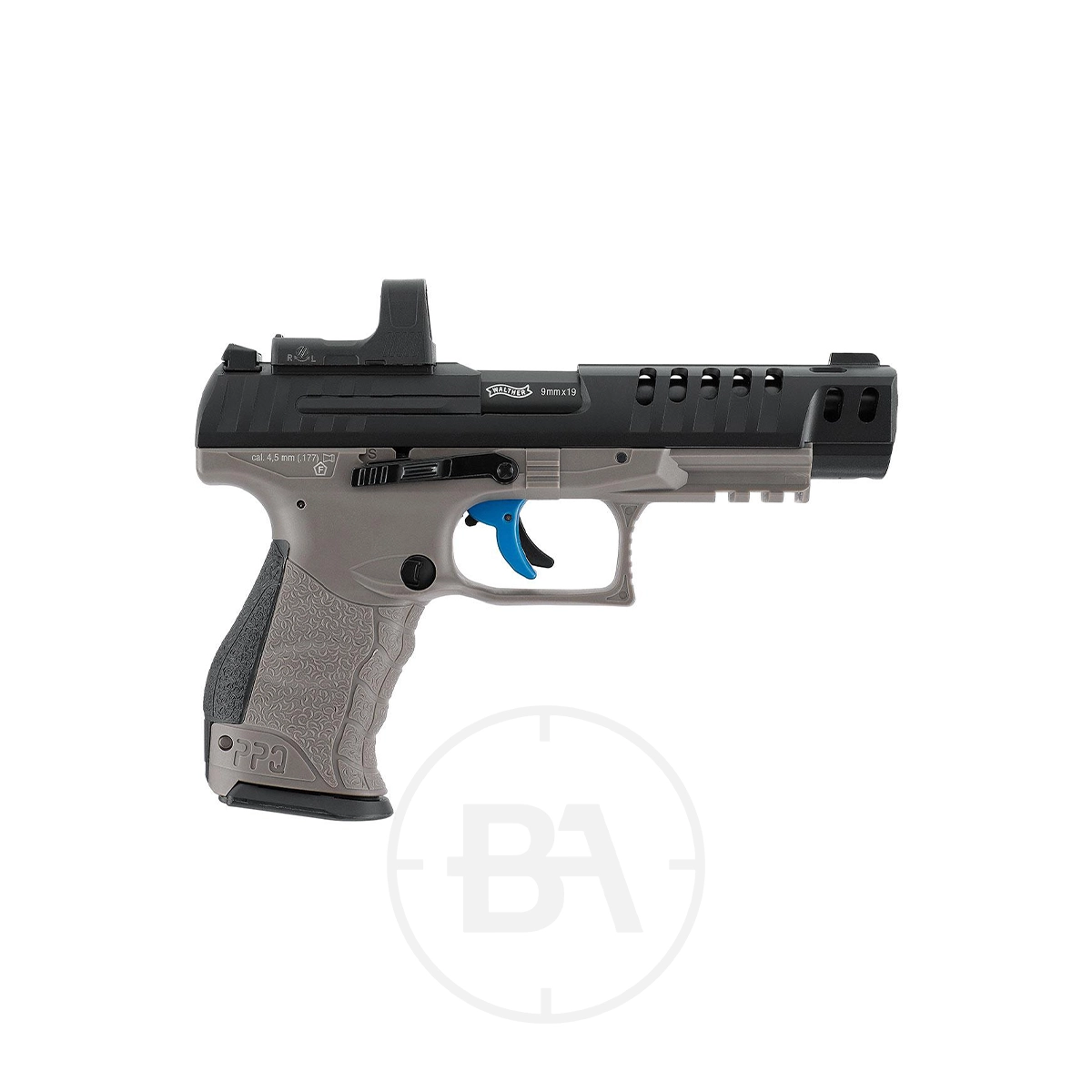 Walther Q5 Match 5" CO2 Pistol Combo Set 5 A Walther Q5 Match 5" CO2 Pistol Combo Set with a gray grip, black slide, blue trigger, and red dot sight is shown on a plain white background.