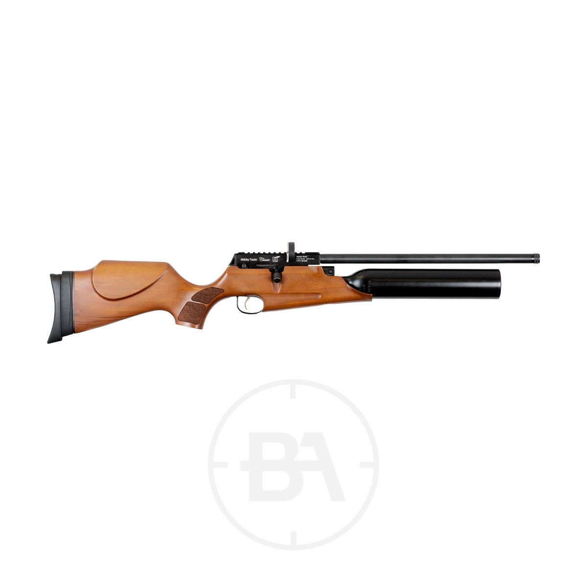Webley Raider Classic PCP Air Rifle 5 The Webley Raider Classic is a .177 PCP air rifle crafted with a wooden stock and enhanced by a black barrel and scope mount. It features a rubber shoulder pad for comfort and a pressure cylinder beneath the barrel for precise shooting.