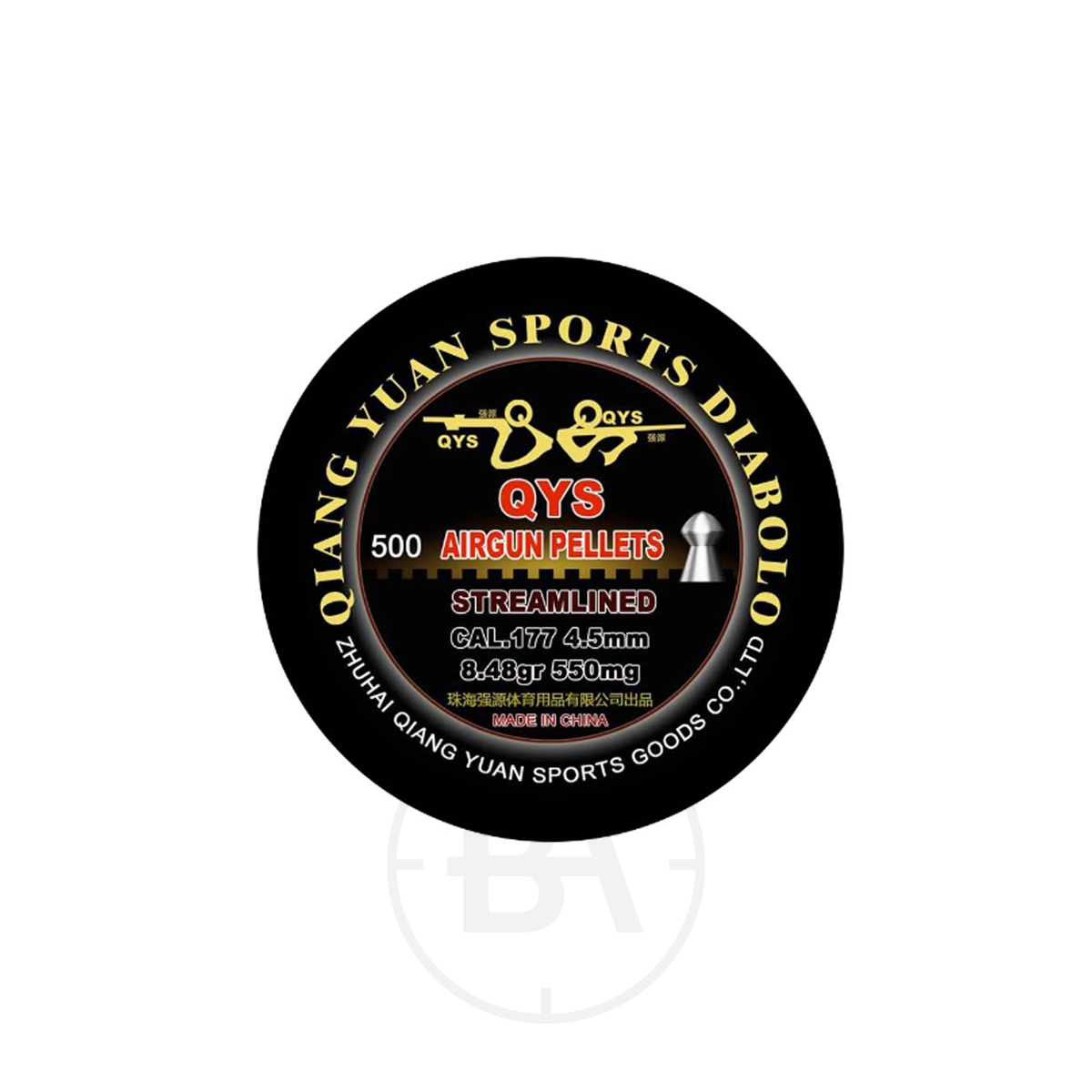 QYS Qiang Yuan Streamlined .177 8.48gr (x500) 1 A round black tin labeled "QYS Qiang Yuan Streamlined .177 - 8.48 gr Pellets" holds premium airgun pellets, featuring bold branding and clear white and red product details.