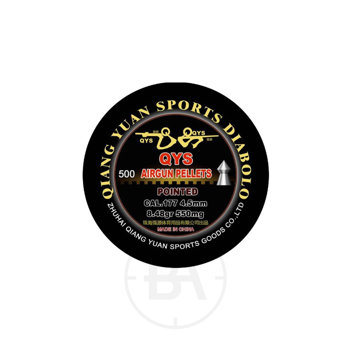 QYS Qiang Yuan Pointed .177 8.48gr (x500) 1 Round black tin lid labeled "QYS Qiang Yuan Pointed Heavy .177 Pellets, 500 pcs, cal. 4.5mm, 9.56gr." Bold yellow, red, and white text highlights these high-quality airgun pellets.