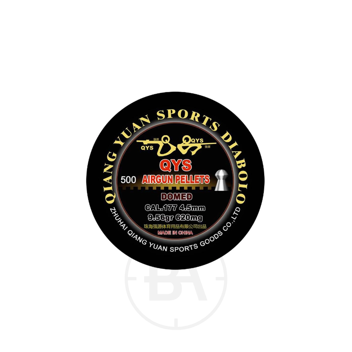 QYS Qiang Yuan Domed .177 8.48gr (x500) 1 Round black tin label for QYS airgun pellets, .177 caliber, 4.5mm, 8.5 grains, 500 count, domed type, made in China by Zhuhai Qiang Yuan Sports Goods Co., Ltd.
