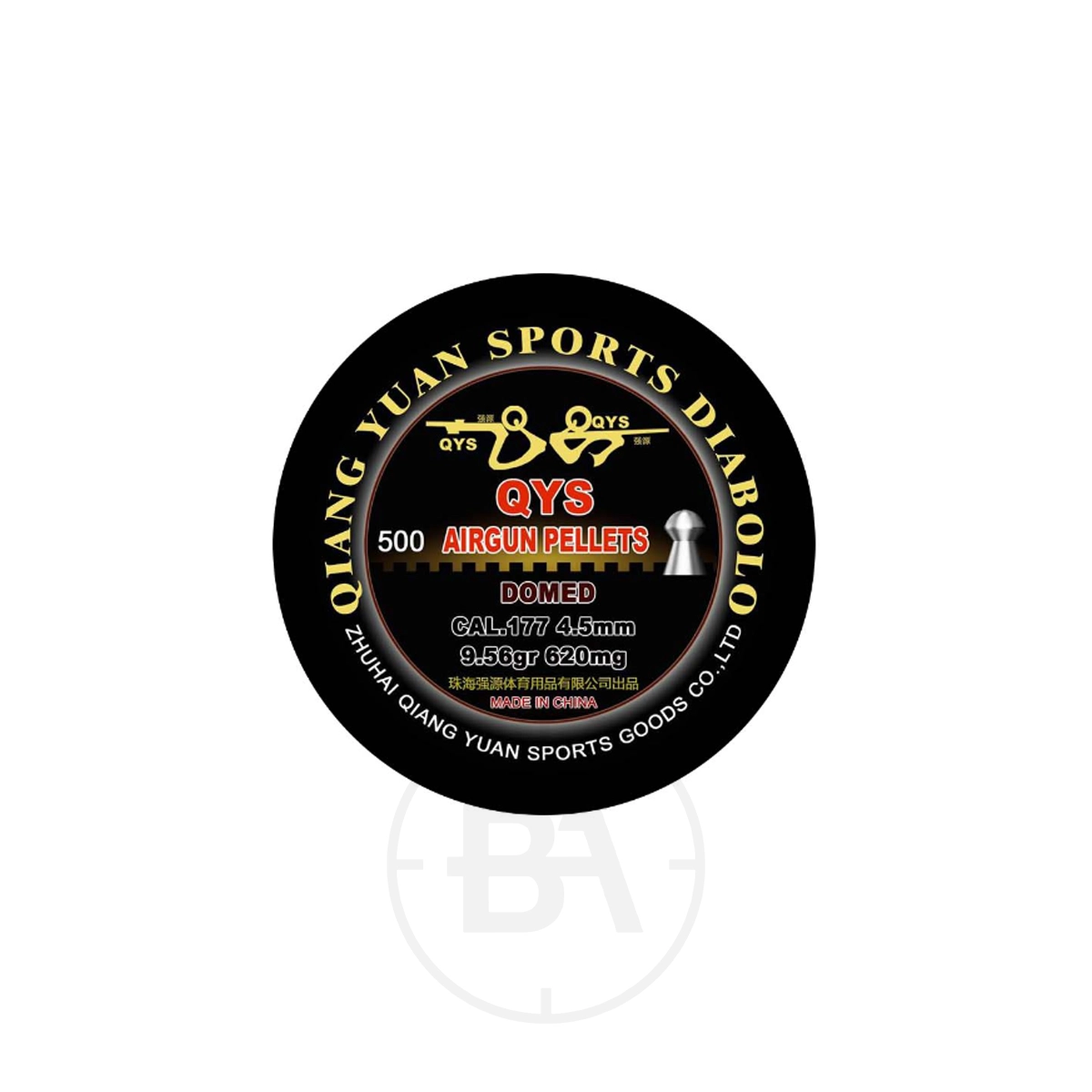 QYS Qiang Yuan Domed Heavy .177 9.56gr (x500) 1 A round tin of QYS Qiang Yuan Domed Heavy .177—9.56 gr Pellets features a black and gold design and contains 500 precision airgun pellets for accurate shooting.