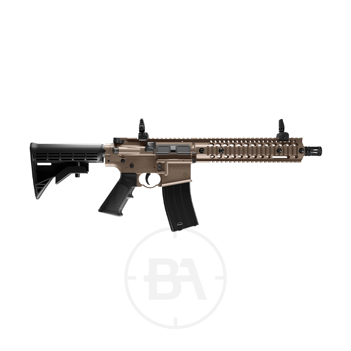 Crosman R1 C02 Air Rifle 1 The Crosman R1 CO2 Air Rifle, shown in a side view on a white background, features a tan finish, black adjustable stock, pistol grip, rail system, and magazine.