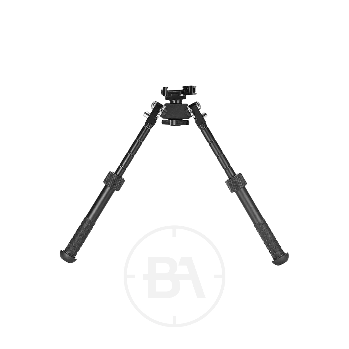 Adras Tilt & Swivel Bipod 1 The Adras Tilt & Swivel Bipod, finished in black, features two outwardly splayed adjustable legs with rubber feet and sturdy locking mechanisms, displayed against a white background.