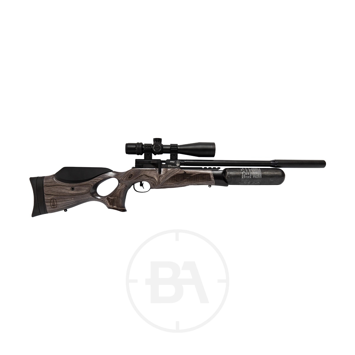 BSA R12 CLX Pro PCP Air Rifle With Hard Case 5 Side view of the BSA R12 CLX Pro PCP Air Rifle With Hard Case, featuring a mounted scope, adjustable stock, and suppressor attachment, shown on a white background—ideal for safe transport.
