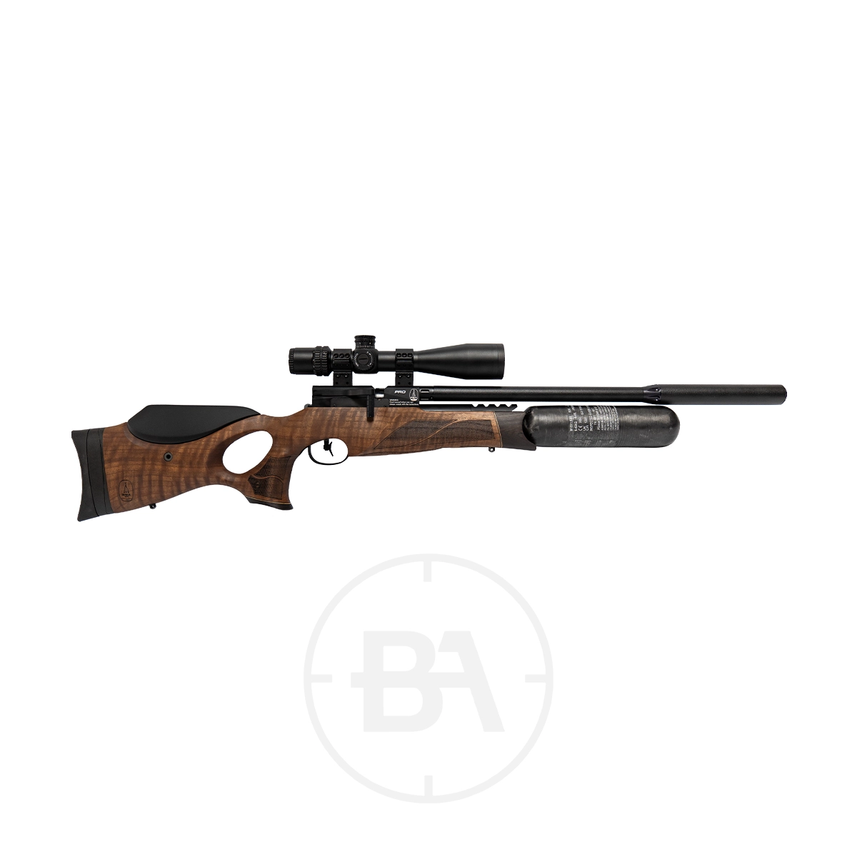 BSA R12 CLX Pro PCP Air Rifle With Hard Case 1 A side view of the BSA R12 CLX Pro PCP Air Rifle With Hard Case, featuring a wooden stock, black barrel, suppressor, and air cylinder, shown against a white background.