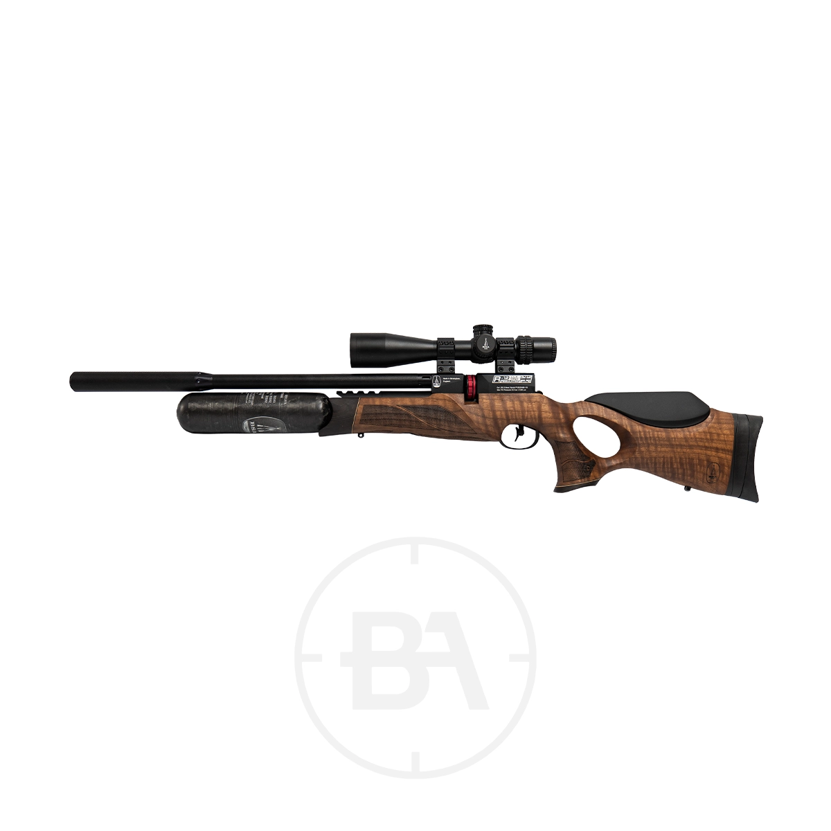 BSA R12 CLX Pro PCP Air Rifle With Hard Case 3 A BSA R12 CLX Pro PCP Air Rifle With Hard Case is displayed in profile on a white background, featuring a wooden stock, mounted scope, and silencer.
