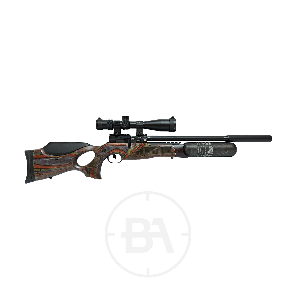 BSA R12 CLX Pro PCP Air Rifle With Hard Case 11 A side view of a modern BSA R12 CLX Pro PCP air rifle with a wooden stock, thumbhole grip, mounted sight, and long barrel, set against a plain white background.