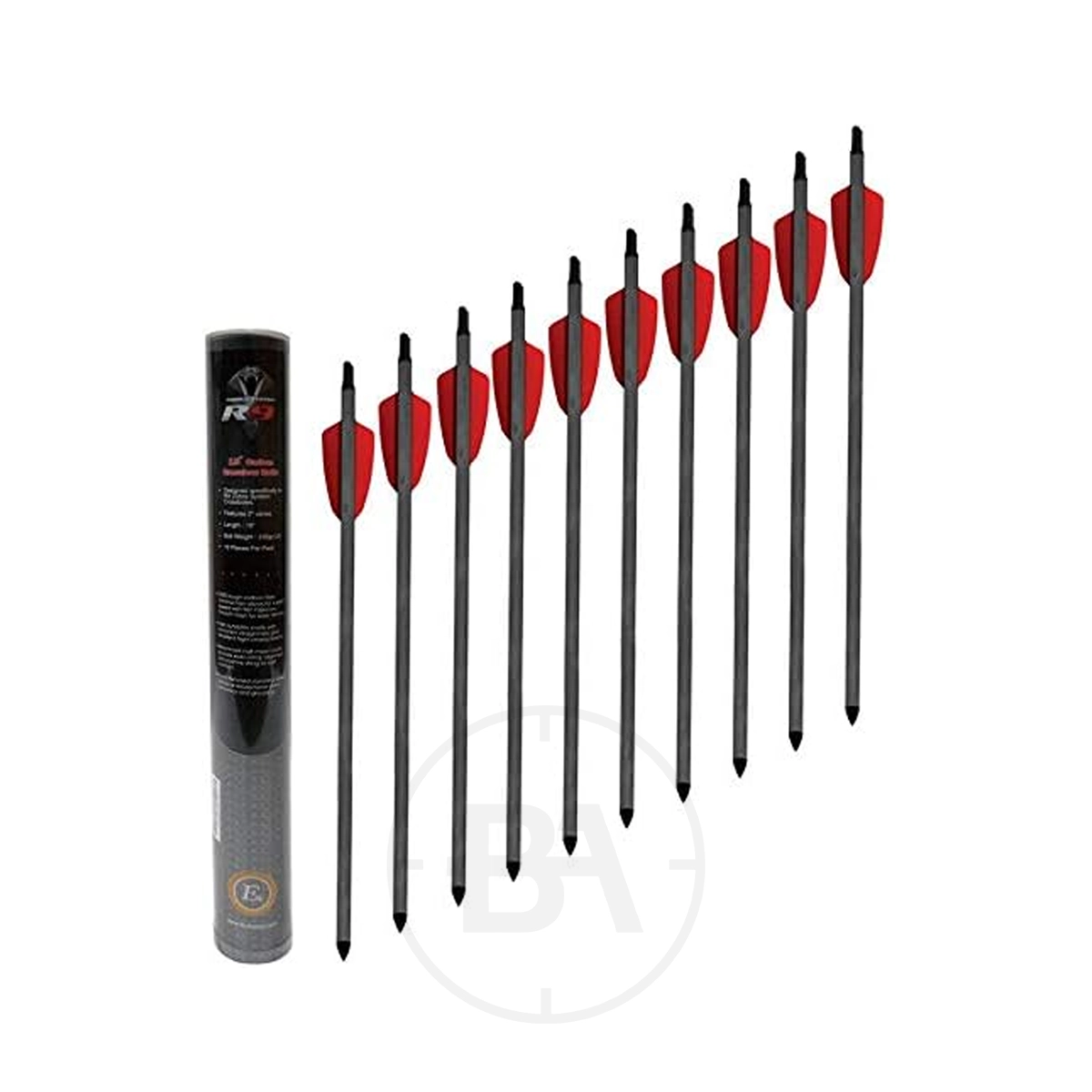 EK Archery R9 Pistol Bolts 15 Inch (x10) 1 The EK Archery R9 Pistol Bolts 15 Inch – Pack of 10 includes ten black arrows with red fletching, shown beside a labeled storage tube—ideal for EK Archery crossbows and compatible with R9 pistols.