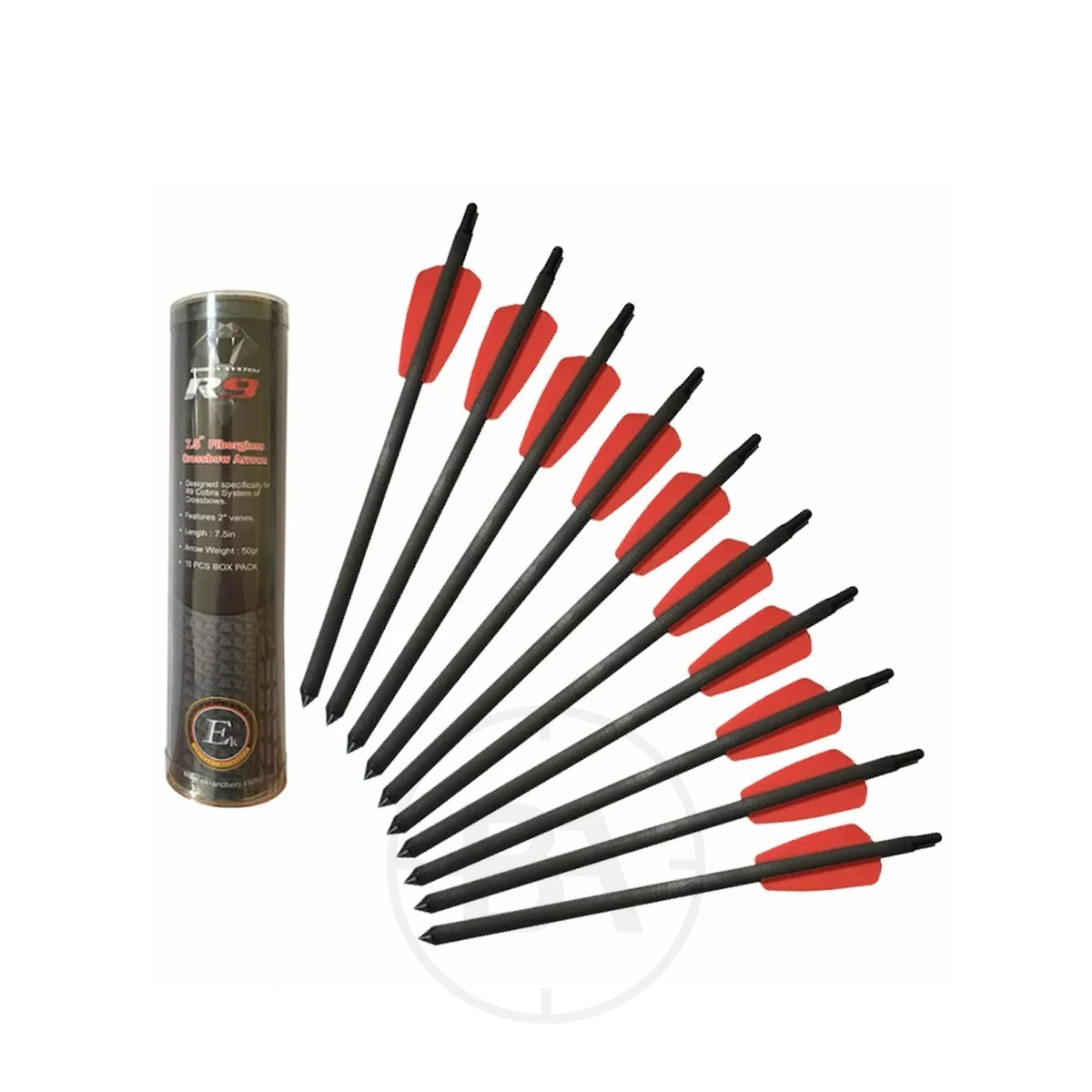EK Archery R9 Pistol Bolts 7.5 Inch (x10) 1 A pack of 10 EK Archery R9 7.5-inch pistol bolts with black carbon shafts and red fletching, displayed in a fan shape beside their cylindrical storage container.