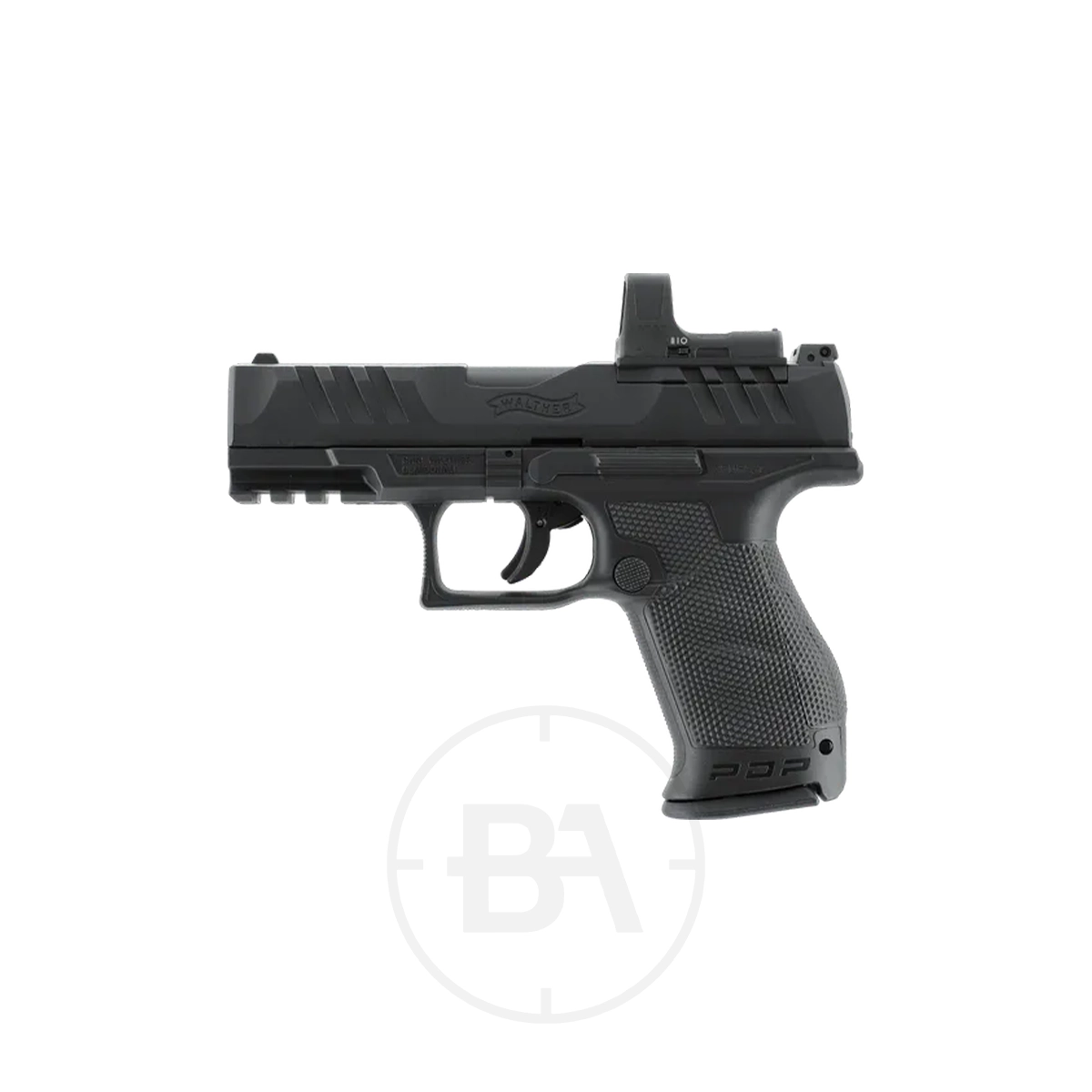 Walther PDP Compact 4" CO2 BB Pistol 11 A black Walther PDP Compact CO2 pistol with a textured grip and mounted optic sight from the RDS 8 Kit, displayed on a white background.