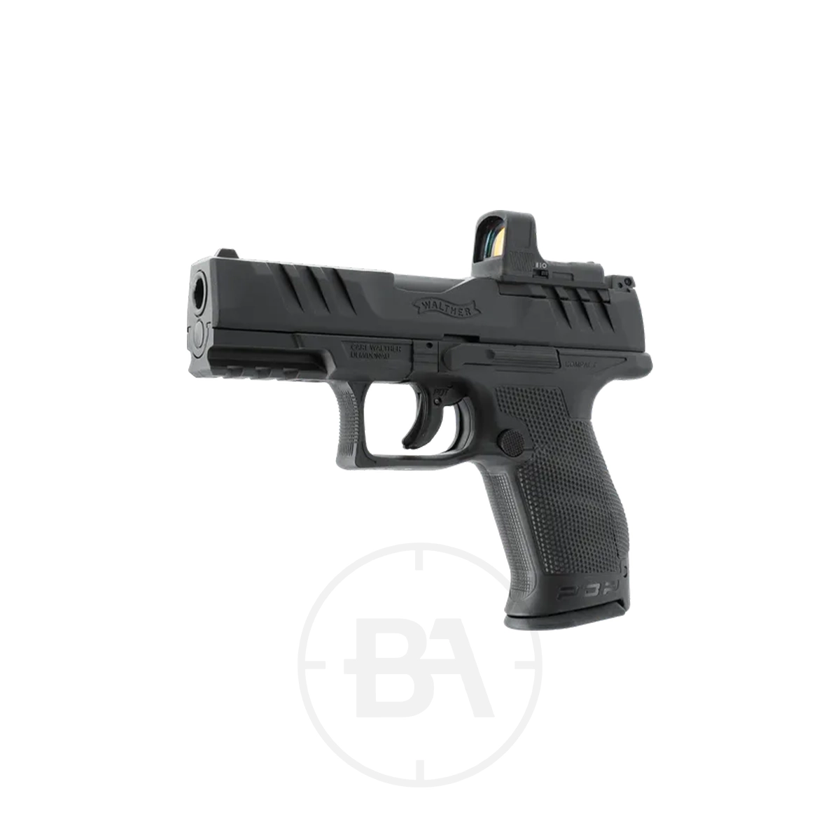 Walther PDP Compact 4" CO2 BB Pistol 7 The Walther PDP Compact 4" CO2 Pistol, shown in black with a textured grip and mounted red dot sight, features a 4-inch barrel and is displayed on a white background.