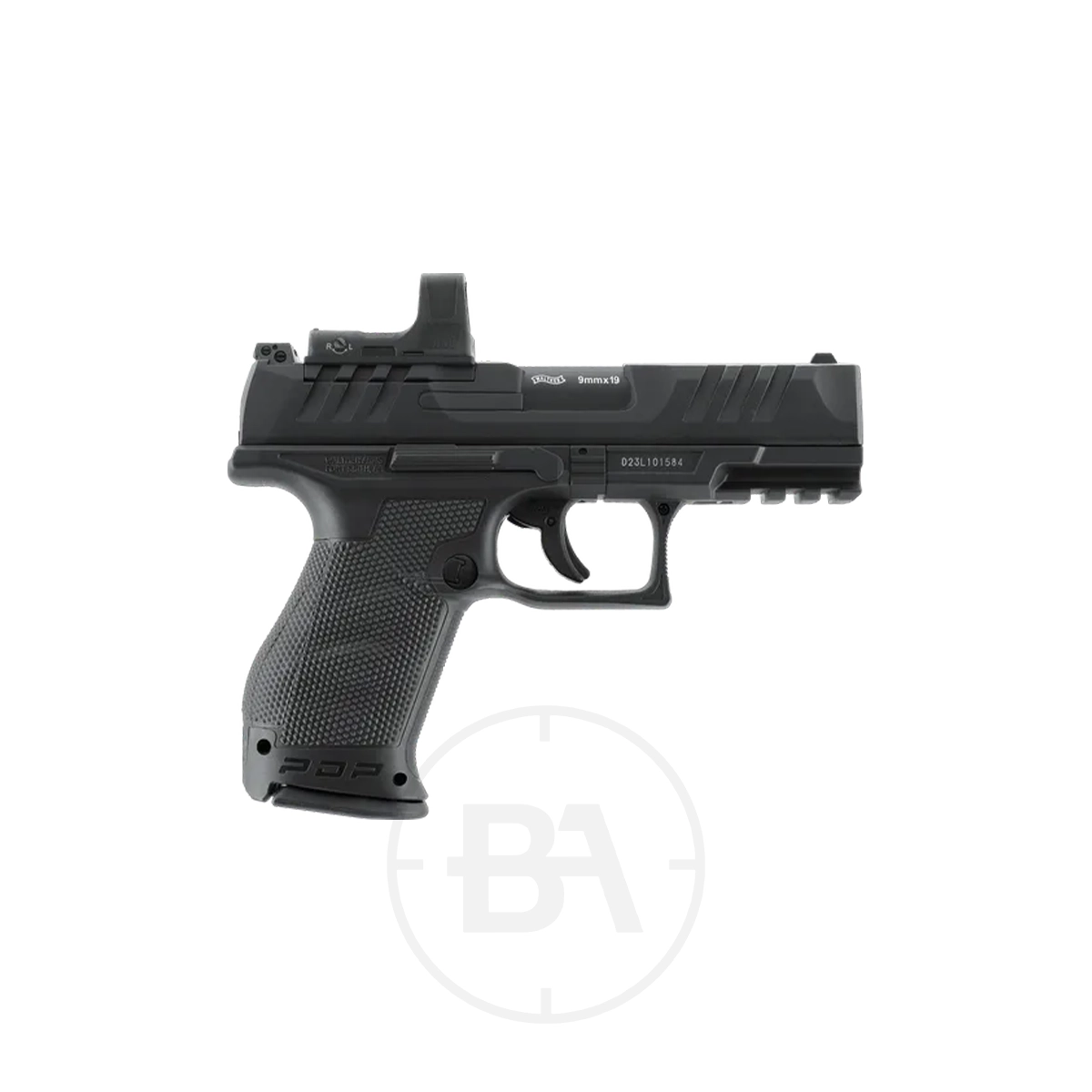 Walther PDP Compact 4" CO2 BB Pistol 9 A Walther PDP Compact 4" CO2 Pistol in black, featuring a textured grip and optical sight attachment, is shown in side profile against a white background.