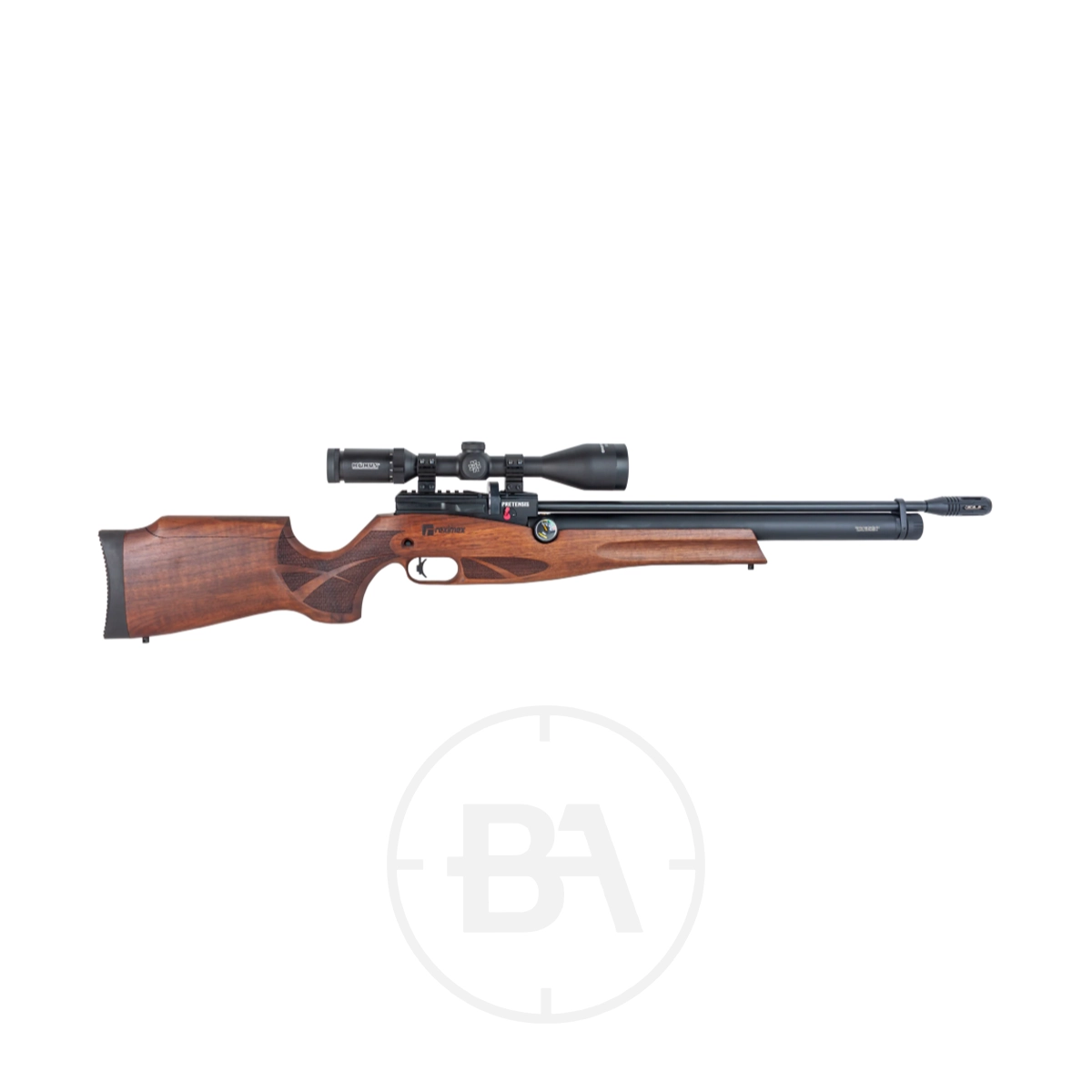 Reximex Pretensis Regulated PCP Air Rifle 3 The Reximex Pretensis Regulated PCP Air Rifle with a wooden stock and mounted scope is displayed in profile against a plain white background.