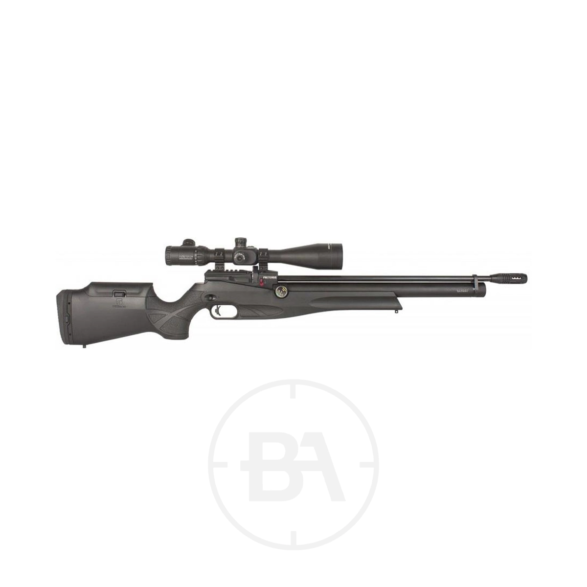 Reximex Pretensis Regulated PCP Air Rifle 1 A black Reximex Pretensis Regulated PCP Air Rifle featuring a synthetic stock, adjustable cheek rest, and mounted telescopic scope is displayed on a white background.