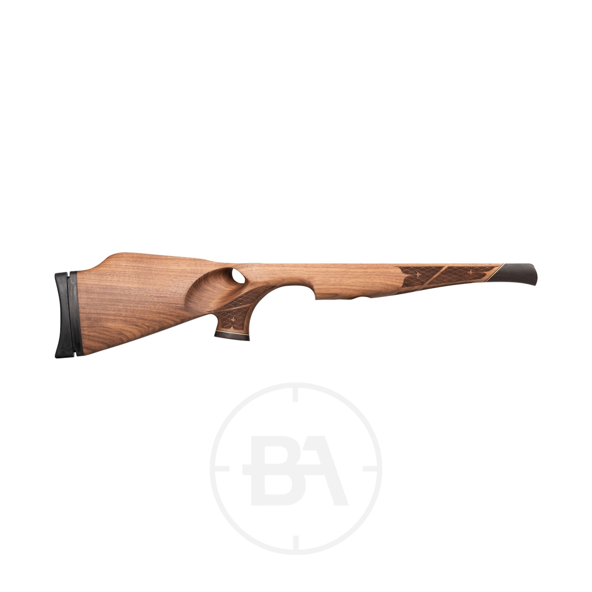 Air Arms Right Handed Walnut Thumbhole Stock 1 Air Arms Right Handed Walnut Thumbhole Stock shown from the left side against a white background, featuring an ergonomic grip and textured detailing for enhanced handling.