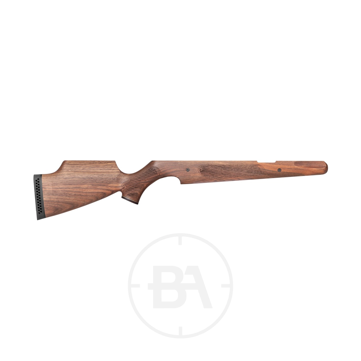 Air Arms Right Handed Walnut Stock 1 The Air Arms Right Handed Walnut Stock features a contoured grip and rubber butt pad, designed for Air Arms rifles and shown on a white background.