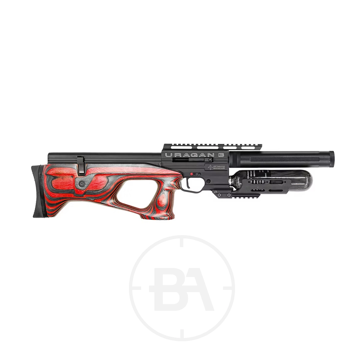 Airgun Technology (AGT) Uragan 3 Bullpup PCP Air Rifle 5 Side view of the Uragan 3 Bullpup PCP Air Rifle with a red and black laminated wooden stock, black barrel, and "Uragan" label on the body, isolated on a white background.