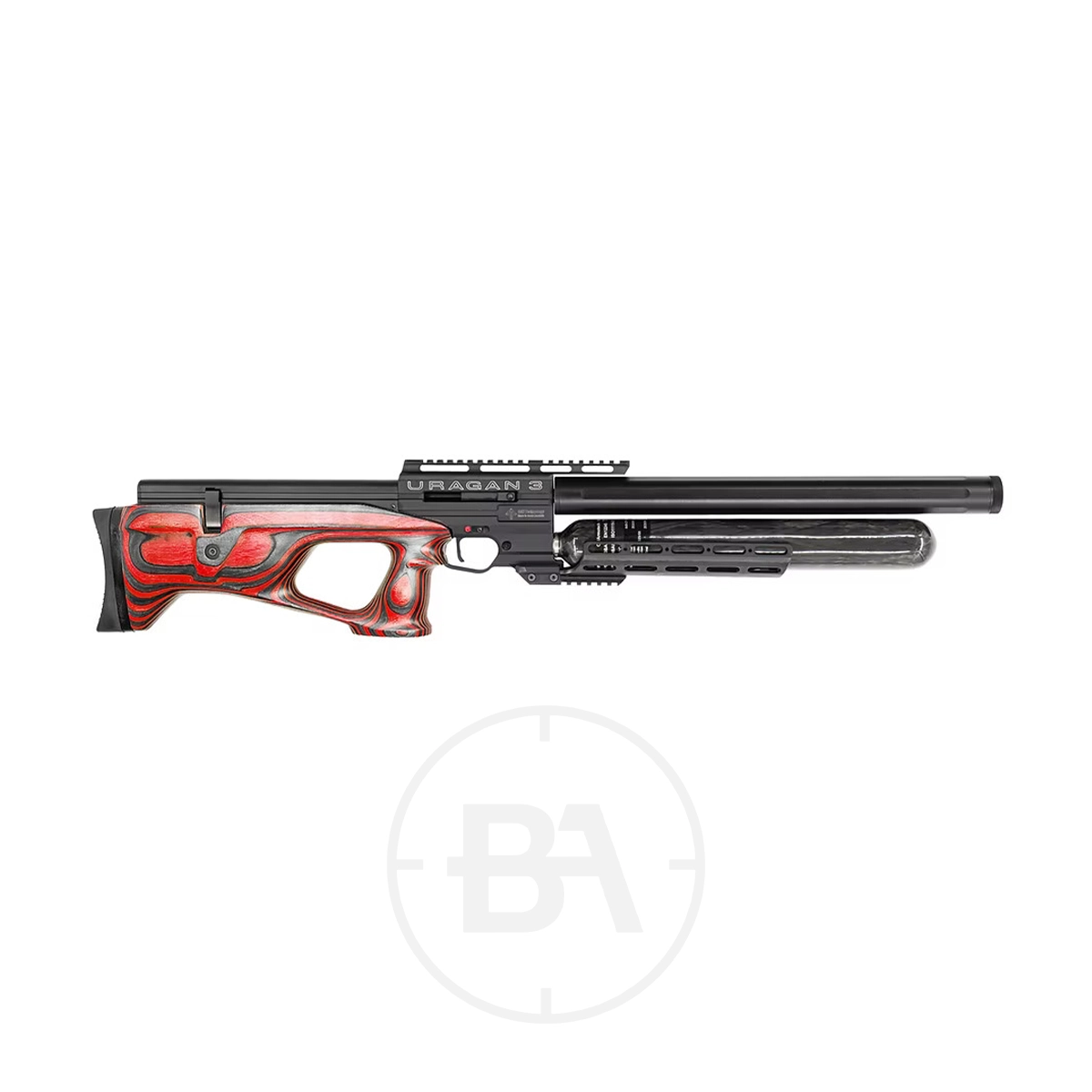 Airgun Technology (AGT) Uragan 3 Bullpup PCP Air Rifle 13 Side view of a black and red Uragan 3 Bullpup PCP Air Rifle with a wooden stock and mounted scope rail, displayed on a white background.