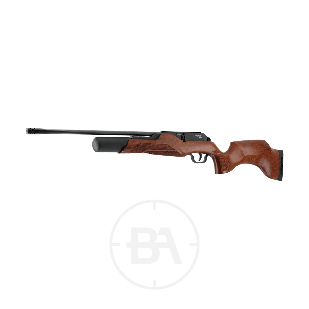 Walther Rotex RM8 Regulated PCP Air Rifle Series 7 Side view of the Walther Rotex RM8 Regulated PCP Air Rifle Series featuring a long black barrel and thumbhole stock, shown on a white background.